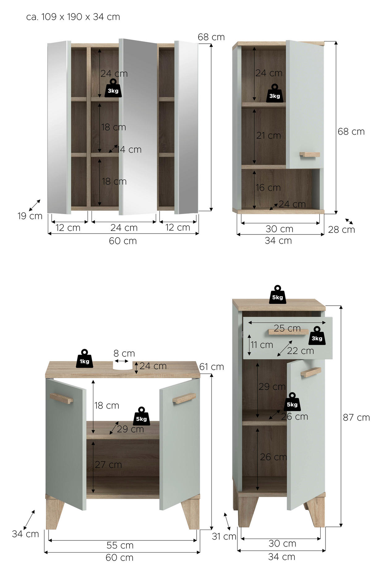 BADEZIMMER 4-teilig 94 cm  - Eiche San Remo/Graugrün, Modern, Holzwerkstoff/Kunststoff (94cm) - MID.YOU