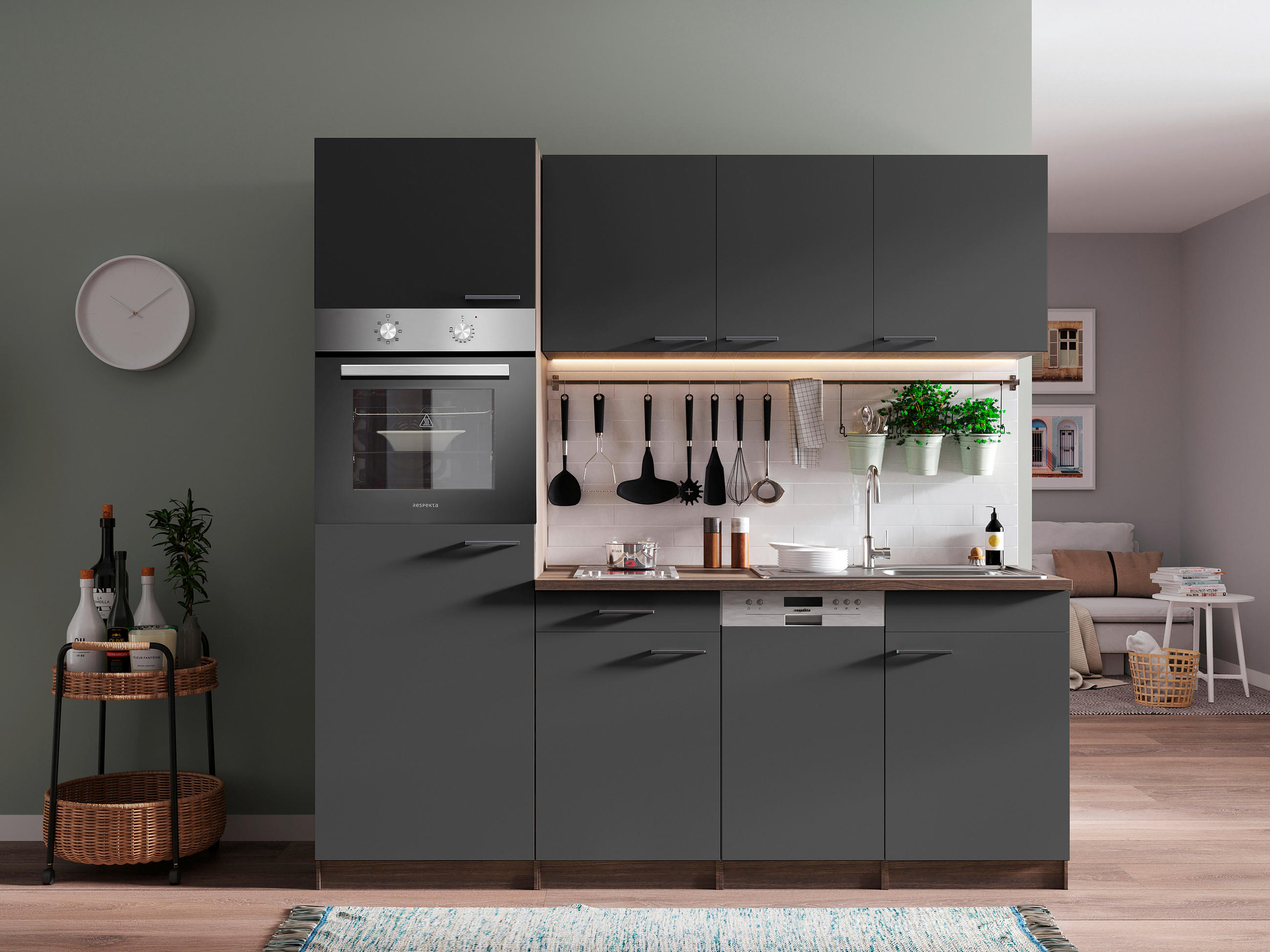 MODULKÖK 205 cm   i grå  - aluminiumfärg/grå, Basics, trämaterial/plast (205cm) - Respekta