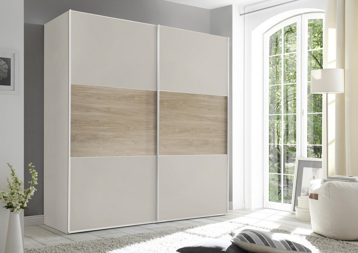 SCHWEBETÜRENSCHRANK  in Sandfarben, Eiche San Remo  - Sandfarben/Alufarben, MODERN, Glas/Holzwerkstoff (188/222/68cm) - MID.YOU