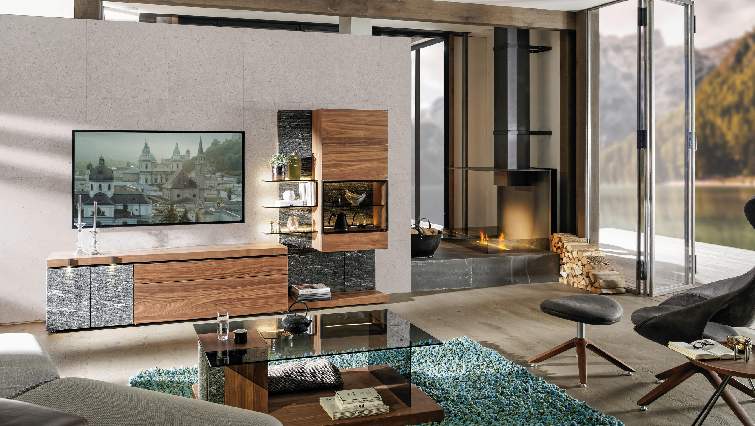 WOHNWAND  Nussbaumfarben 288,2/179,5/42,8 cm  - Nussbaumfarben, Design, Glas/Holz (288,2/179,5/42,8cm) - Voglauer