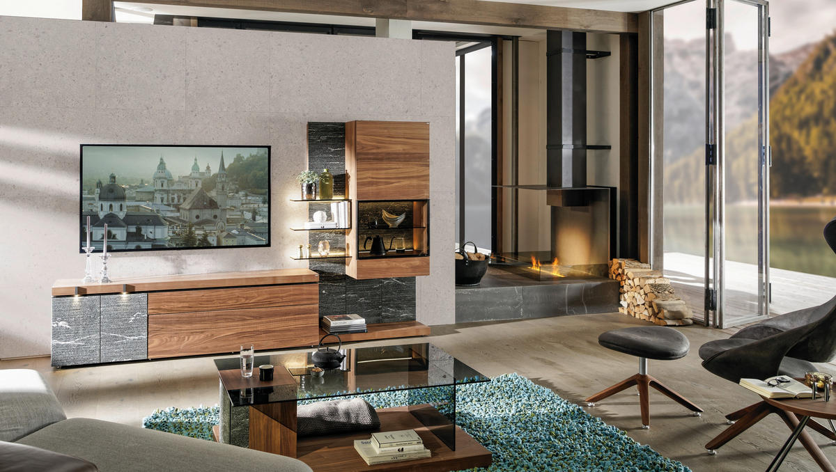 WOHNWAND  Nussbaumfarben 288,2/179,5/42,8 cm  - Nussbaumfarben, Design, Glas/Holz (288,2/179,5/42,8cm) - Voglauer