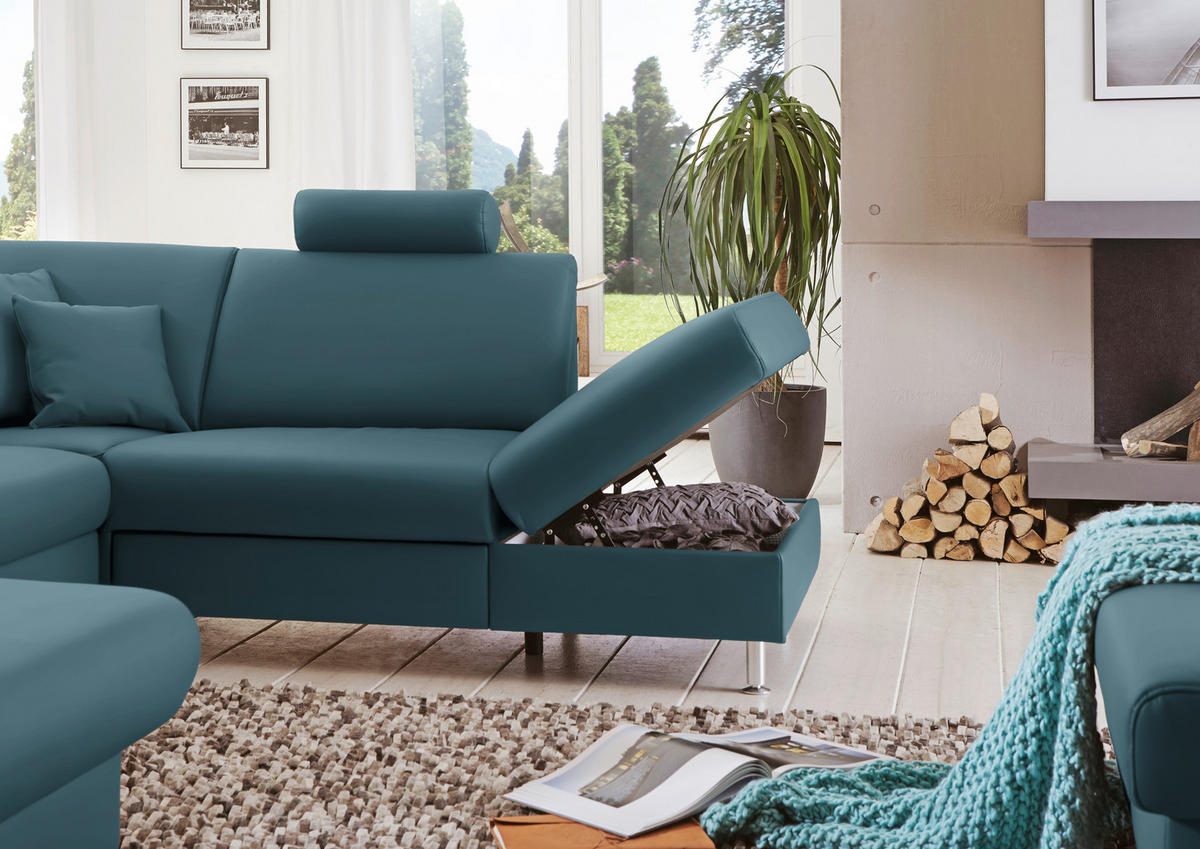 WOHNLANDSCHAFT in Echtleder Blau  - Blau/Alufarben, Design, Leder/Metall (165/339/233cm) - Beldomo Premium