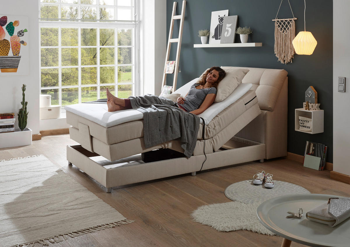 BOXSPRINGBETT 120/200 cm,  in Creme, Matratze, Bettkasten, Topper, motorische Verstellbarkeit, H2 = mittel  - Silberfarben/Creme, Design, Kunststoff/Textil (120/200cm) - Esposa