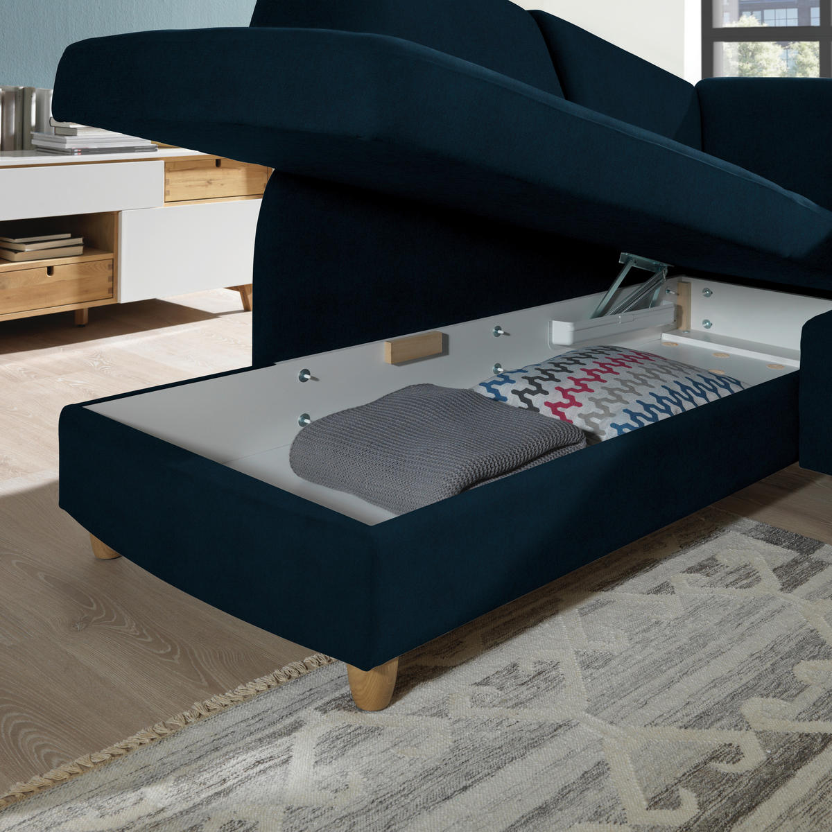 ECKSOFA in Flachgewebe Dunkelblau  208/227 cm  - Eichefarben/Rot, KONVENTIONELL, Holz/Textil (208/227cm) - Sedda