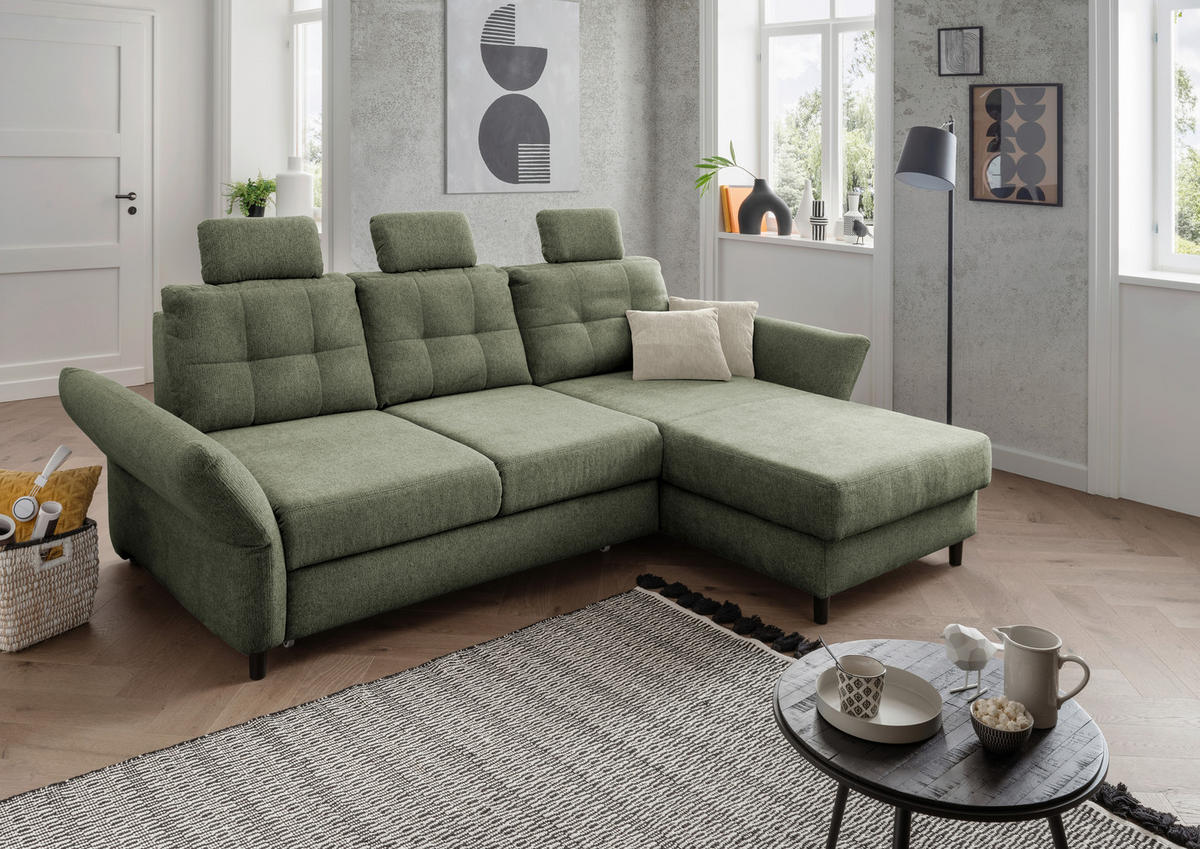 ECKSOFA in Chenille Dunkelgrün  - Dunkelgrün/Beige, Modern, Holz/Textil (250-280/176cm) - Livetastic
