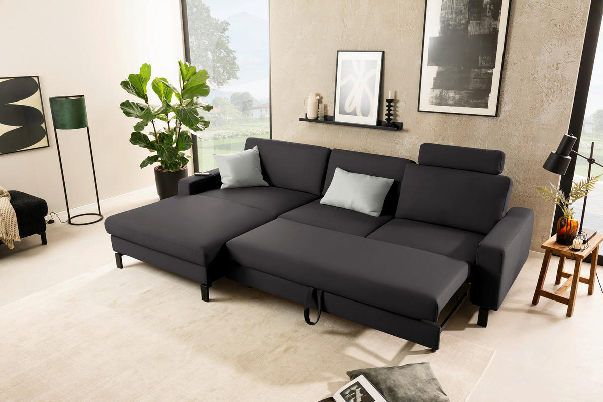ECKSOFA  in Cord Dunkelbraun Rücken echt, Sitztiefenverstellung  185/298 cm  - Dunkelbraun/Schwarz, Design, Textil/Metall (185/298cm) - Pure Home Lifestyle
