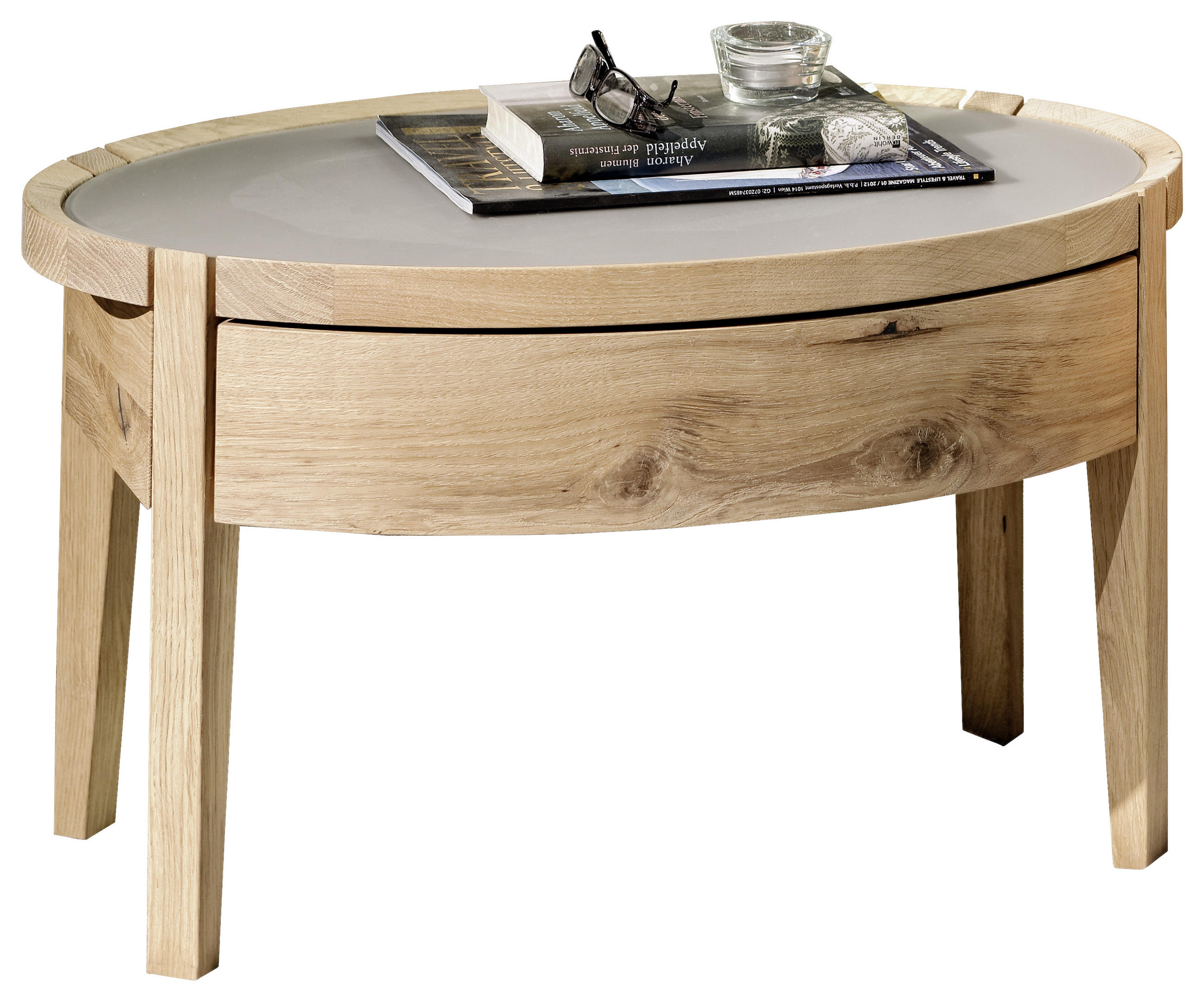 Nachtkästchen in furniert, mehrschichtige Massivholzplatte (Tischlerplatte) Wildeiche Grau, Eichefarben