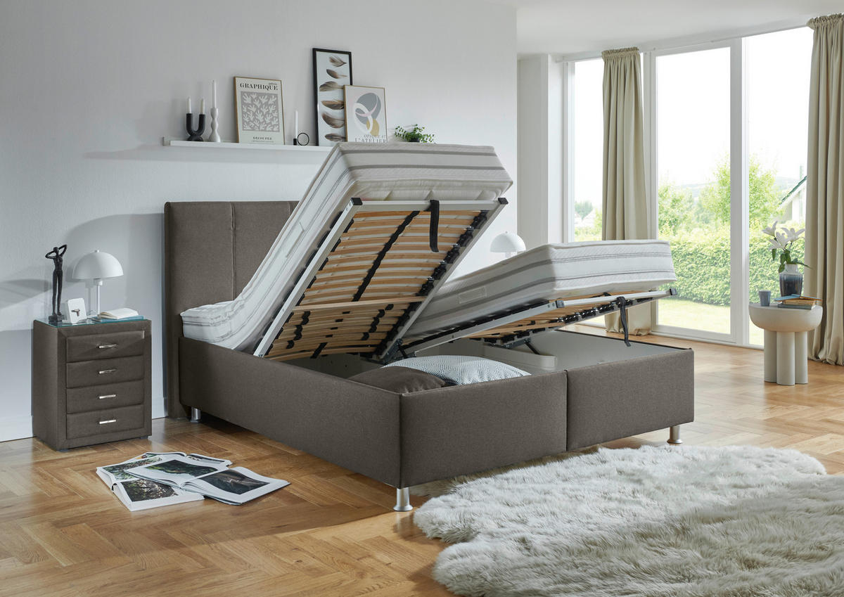 POLSTERBETT 160/200 cm,  in Hellbraun, Matratze, gepolstertes Kopfteil, Lattenrost, Bettkasten, H2 + H3 = mittel + fest  - Hellbraun/Alufarben, KONVENTIONELL, Holz/Holzwerkstoff (160/200cm) - Beldomo - Sleep