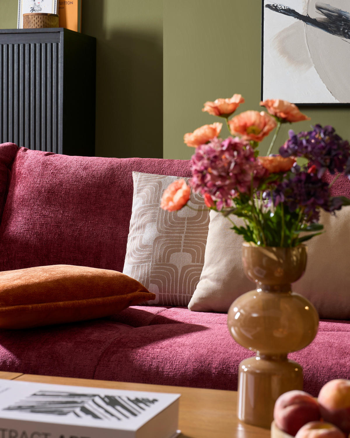 ECKSOFA  in Webstoff Kirschrot Zierkissen, Rückenkissen  188/288 cm  - Schwarz/Kirschrot, Design, Kunststoff/Textil (188/288cm) - Welnova