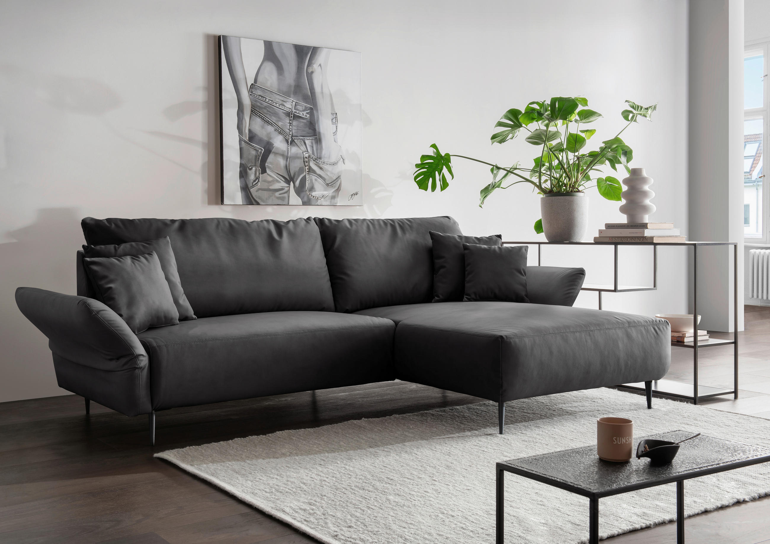 ECKSOFA in Lederlook Schwarz  178/264-302 cm  - Schwarz, Design, Textil/Metall (178/264-302cm) - Livetastic