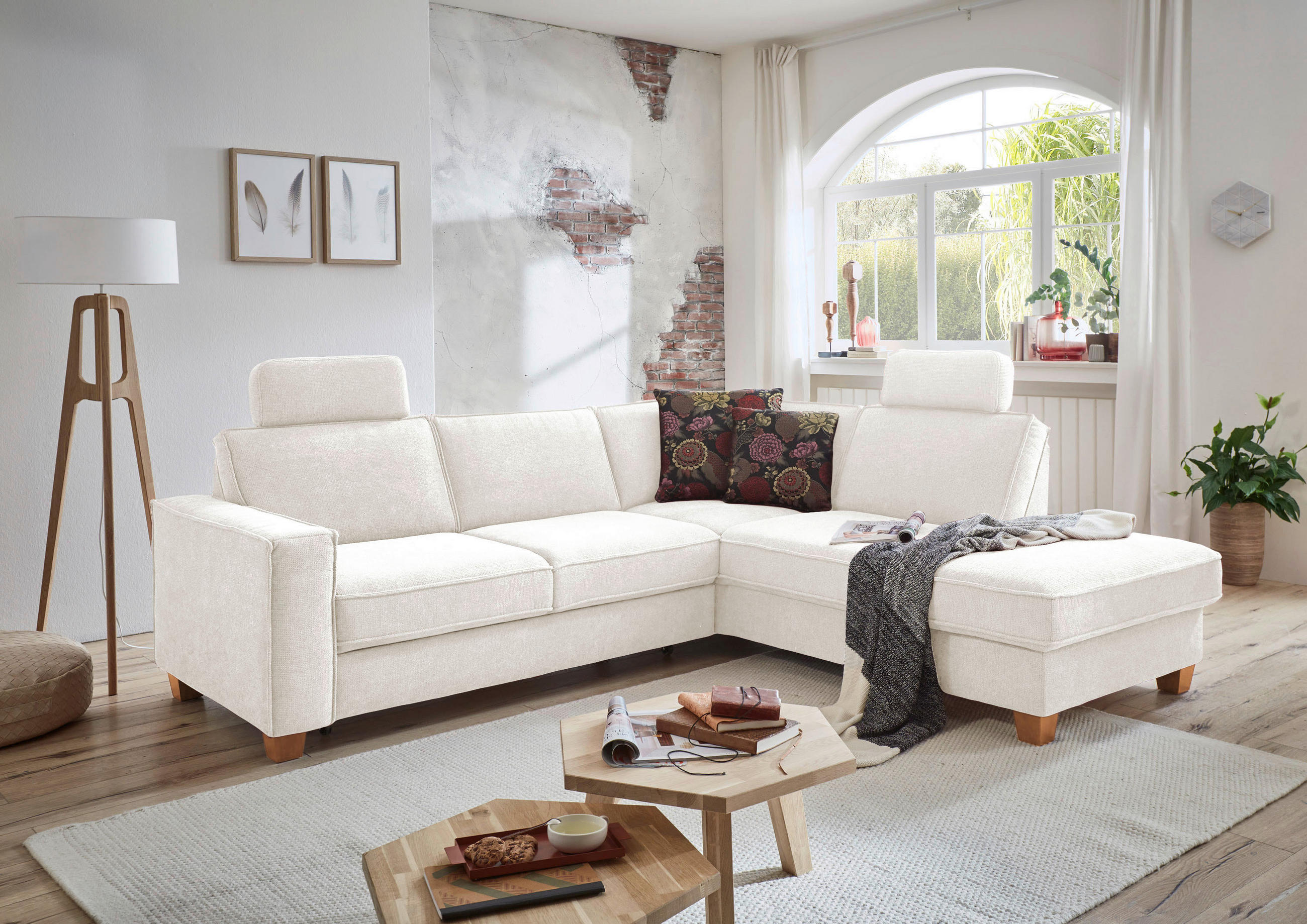 ECKSOFA Creme Flachgewebe  - Eichefarben/Creme, KONVENTIONELL, Holz/Textil (236/213cm) - Sit & More