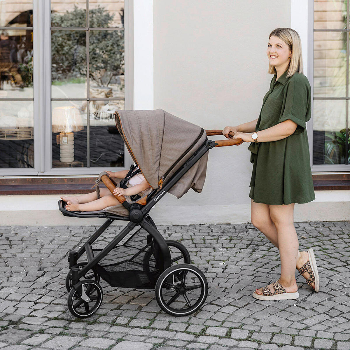 KOMBIKINDERWAGEN  FX4 Swing Set  Taupe-Cognac-Herzchen gold  - Taupe/Goldfarben, Basics, Textil (100/55/130cm) - Gesslein