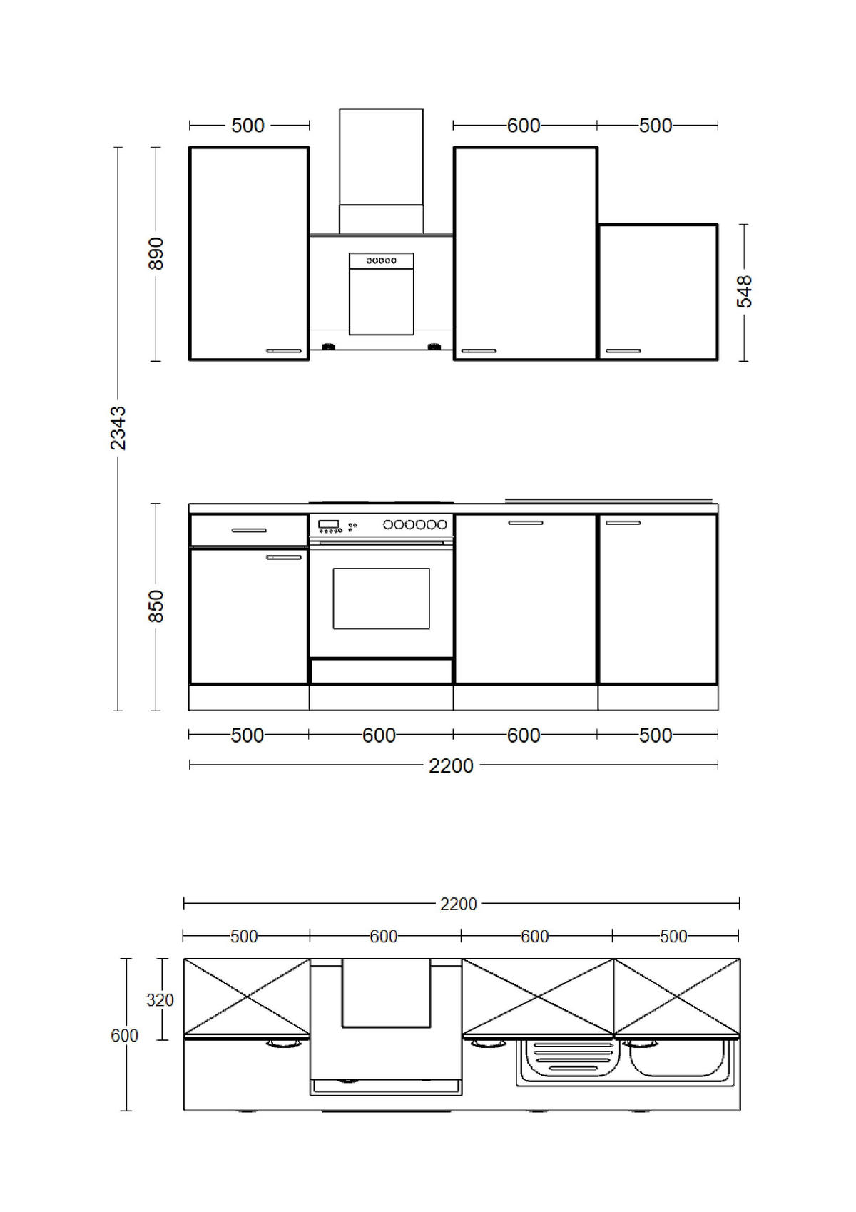 KÜCHENBLOCK 220 cm   in Weiß  - Edelstahlfarben/Hellgrau, MODERN, Holzwerkstoff/Kunststoff (220cm) - FlexWell