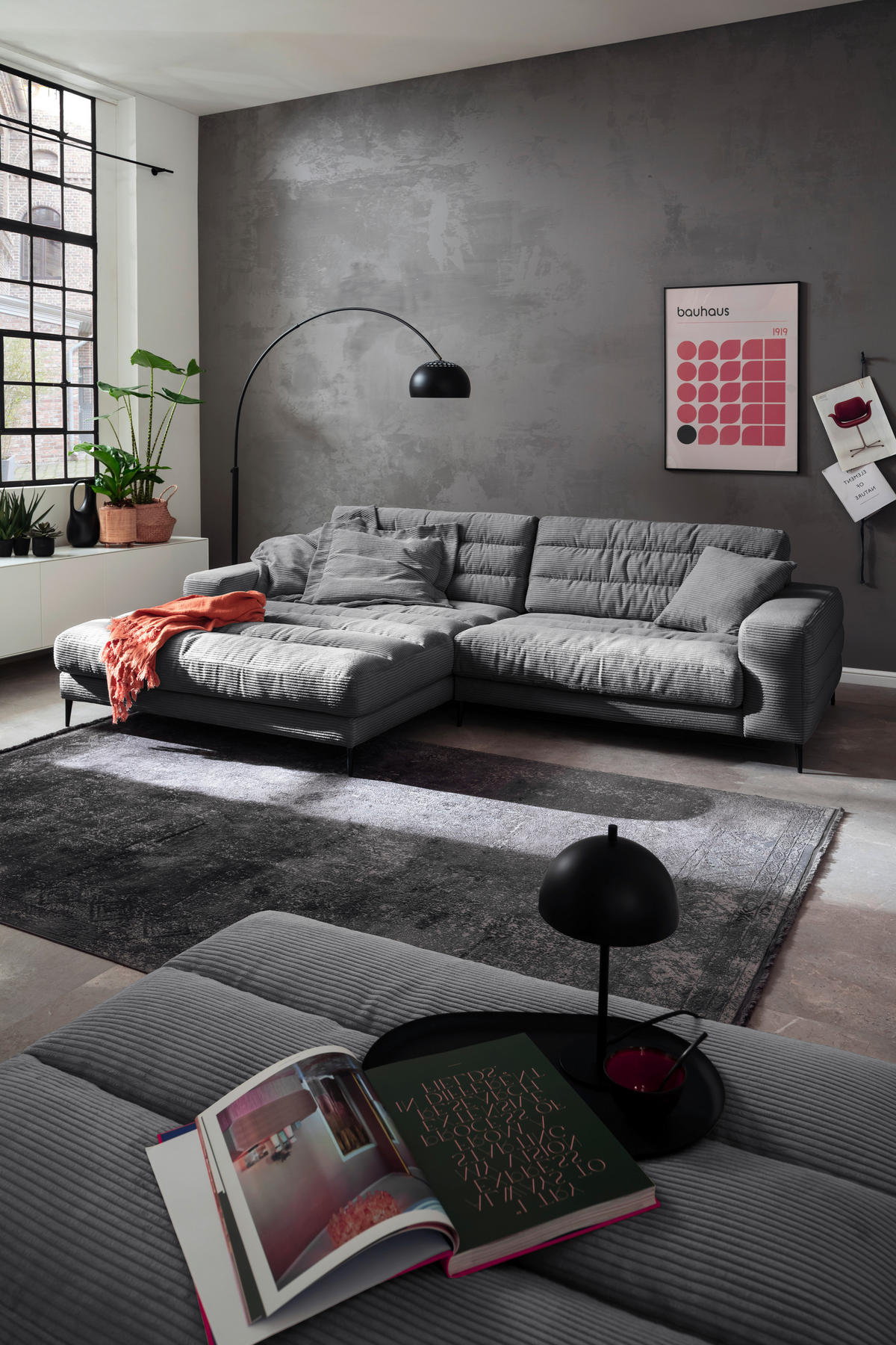 ECKSOFA Ottomane links  Badia Dunkelgrau Cord  - Dunkelgrau/Schwarz, Design, Textil/Metall (207/296cm) - Dieter Knoll