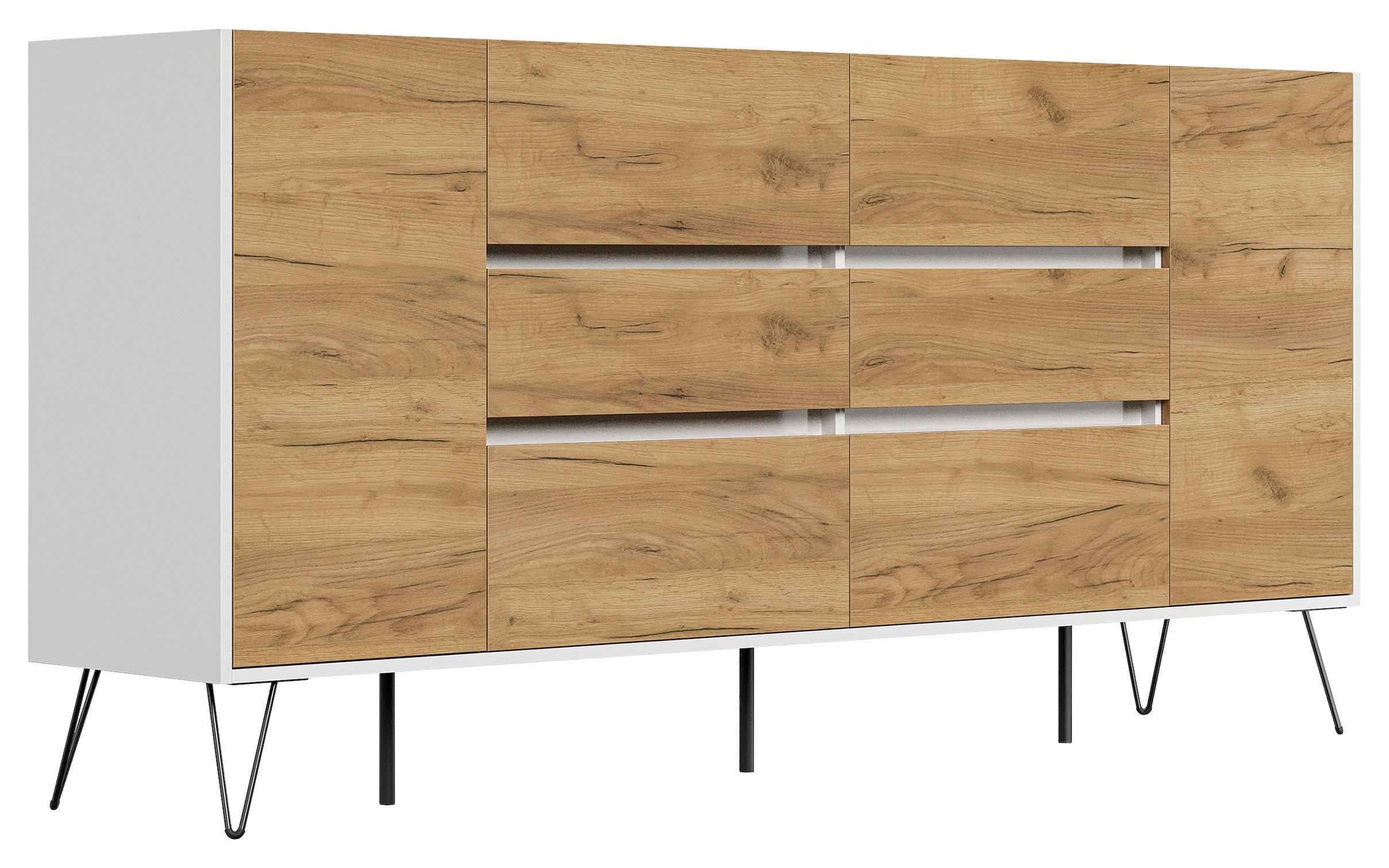 Mid.you Sideboard Posseik Industrial Eiche, Weiß Hochglanz 199x93.6x42 cm