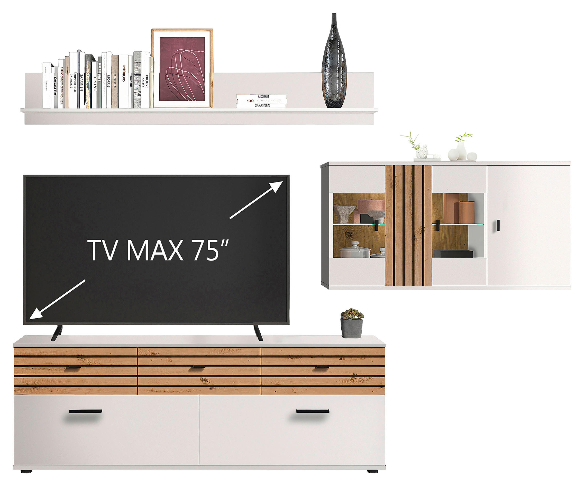 Set Mobilă Living, 3 piese, alb, stejar Artisan, 253/175/38 cm