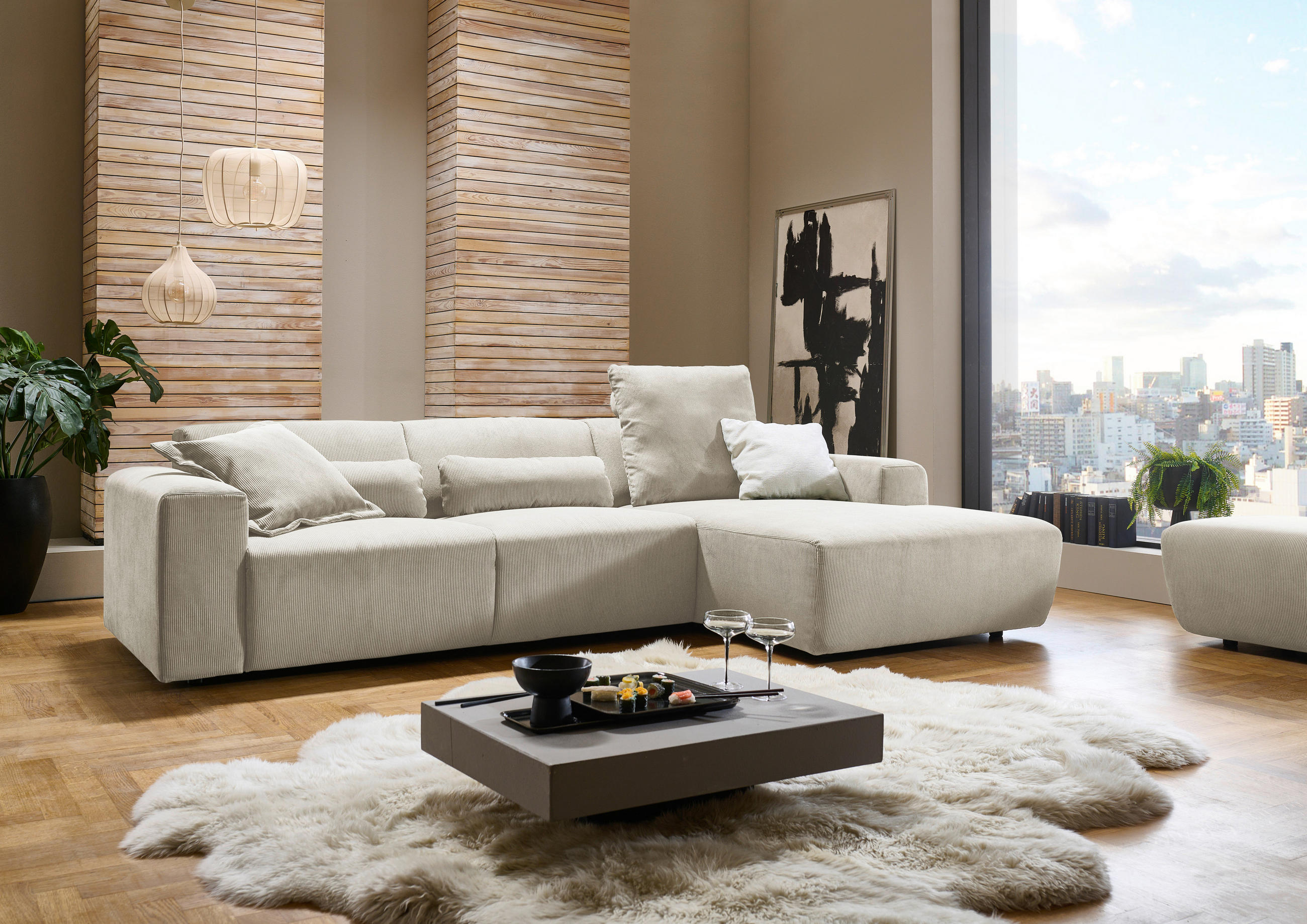 ECKSOFA Naturfarben Feincord  - Schwarz/Naturfarben, Design, Kunststoff/Textil (302/174cm) - Beldomo Style