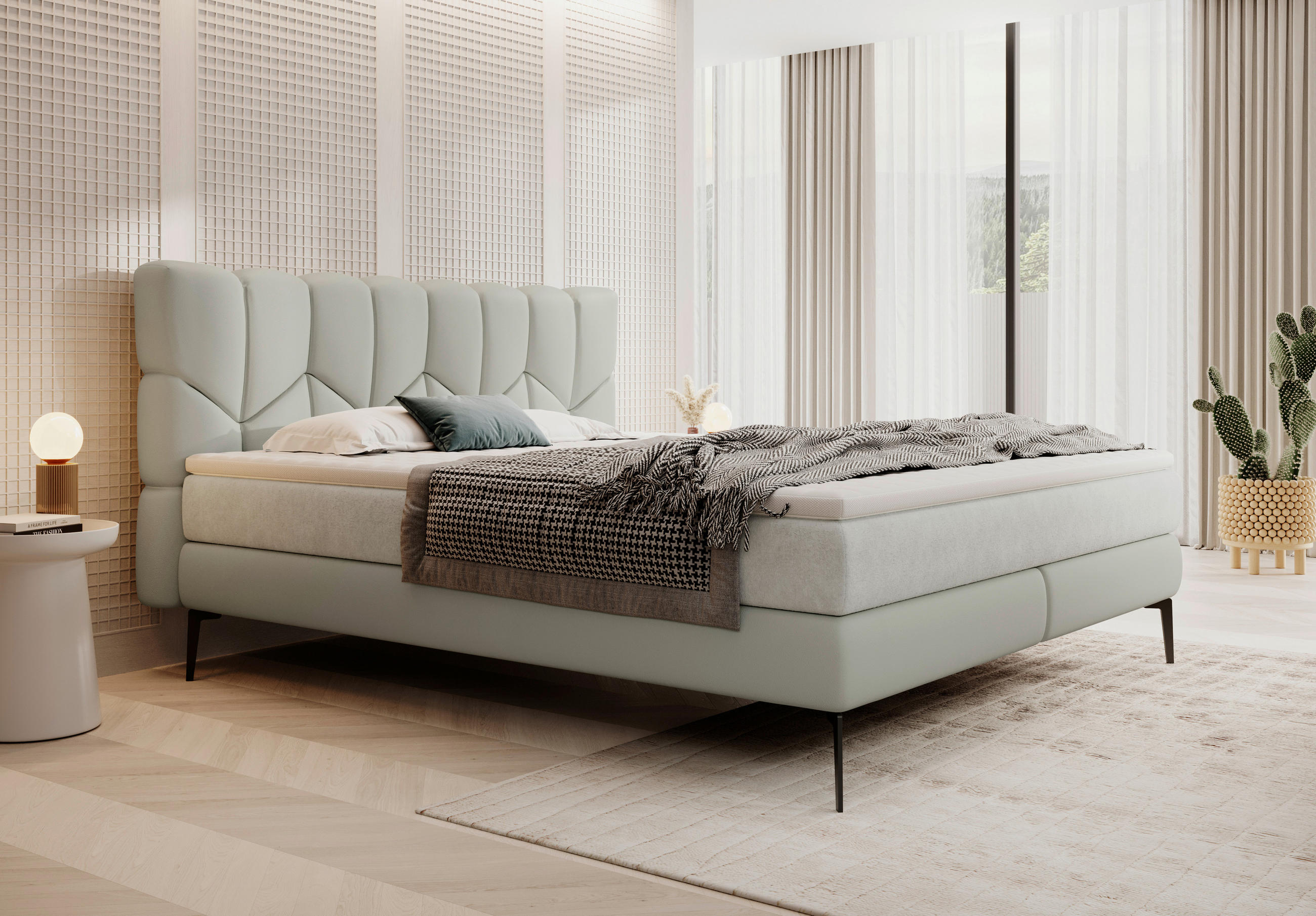 Thumbnail - Esposa Boxspringbett, Grau, Hellgrau, Textil, Kombination Echtleder/Stoff,Echtleder, Rindleder, H2 + H3, 7-Zonen, Höhe c...