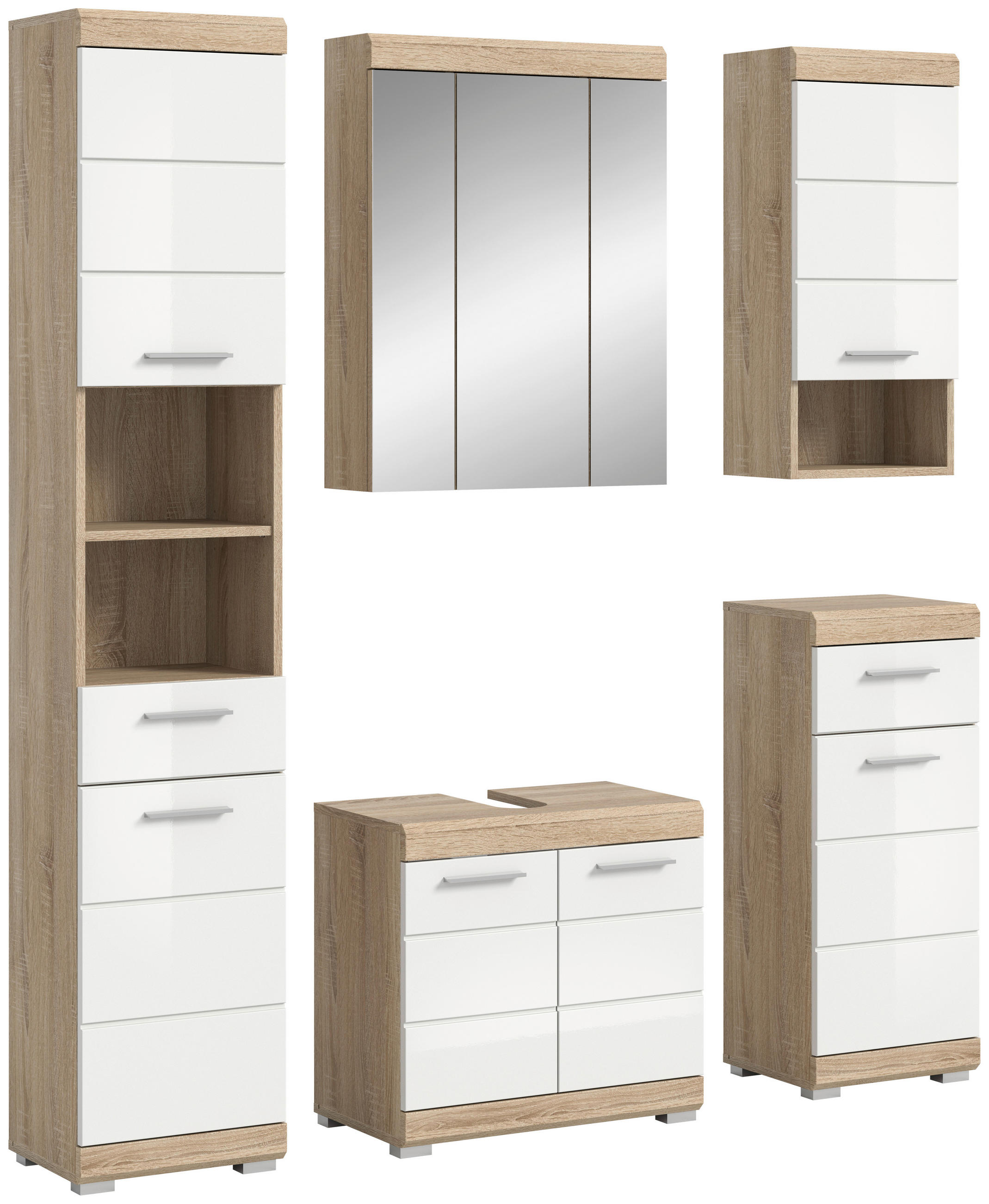 BADEZIMMER 5-teilig  in 134 cm  - Weiß Hochglanz/Silberfarben, MODERN, Glas/Holzwerkstoff (134cm) - MID.YOU