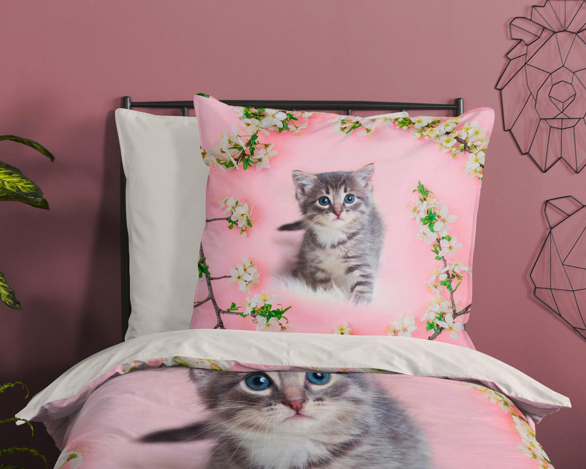 JUGENDBETTWÄSCHE Pussycat Renforcé 135/200 cm  - Rot/Rosa, Natur, Textil (135/200cm)
