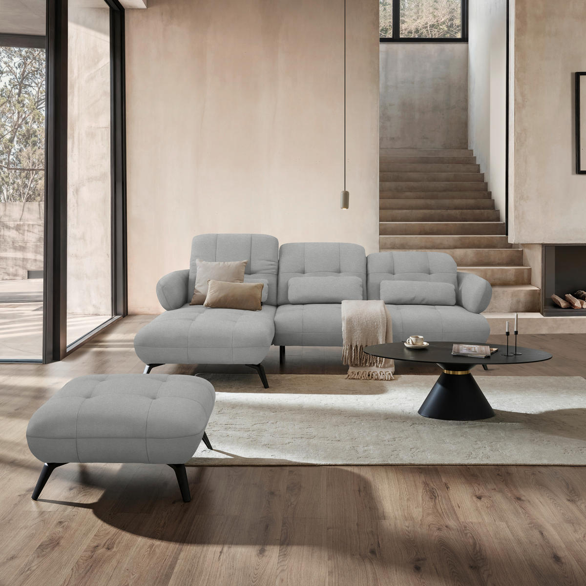 ECKSOFA Flachgewebe Hellgrau  - Hellgrau/Schwarz, Modern, Textil/Metall (180/282cm) - Novel