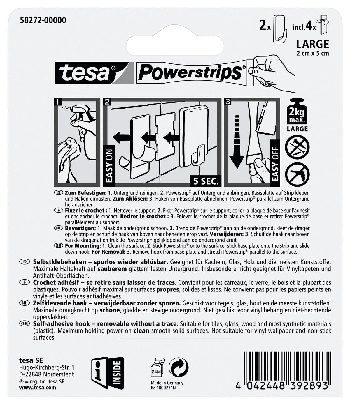 KLEBEHAKEN 2 Stück  in Weiß  - Weiß, Basics, Kunststoff (2,1/5,7/2,9cm) - Tesa