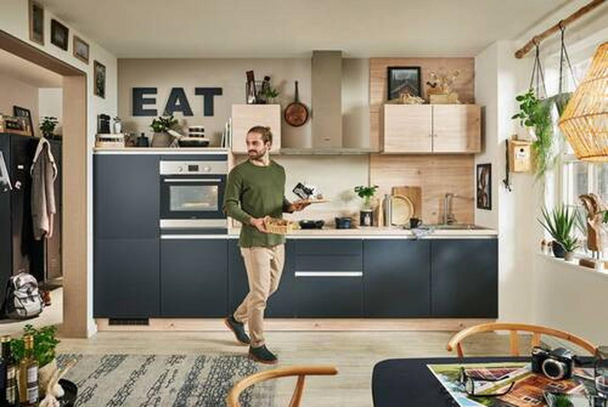 KÜCHENLEERBLOCK 360 cm   in Schwarz, Eichefarben  - Edelstahlfarben/Eichefarben, MODERN, Holzwerkstoff/Metall (360cm) - Express