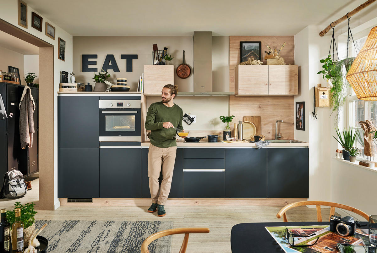 KÜCHENLEERBLOCK 360 cm   in Schwarz, Eichefarben  - Edelstahlfarben/Eichefarben, MODERN, Holzwerkstoff/Metall (360cm) - Welnova