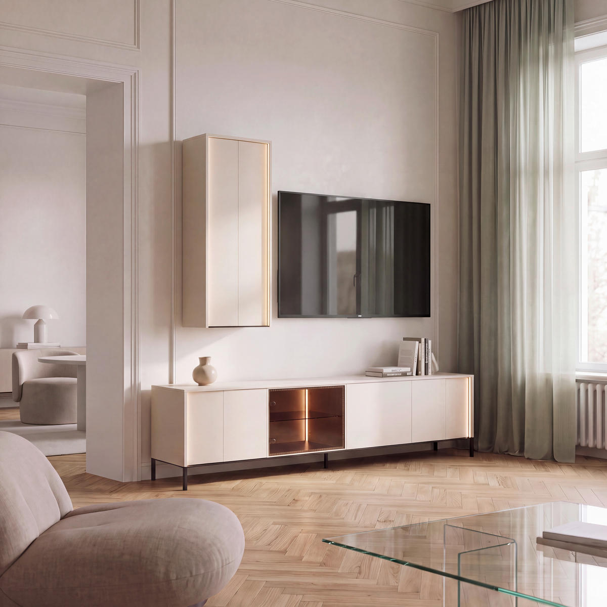 LOWBOARD BEVEL  193/58/40 cm  - Beige/Schwarz, Design, Glas/Holzwerkstoff (193/58/40cm) - Lomoco