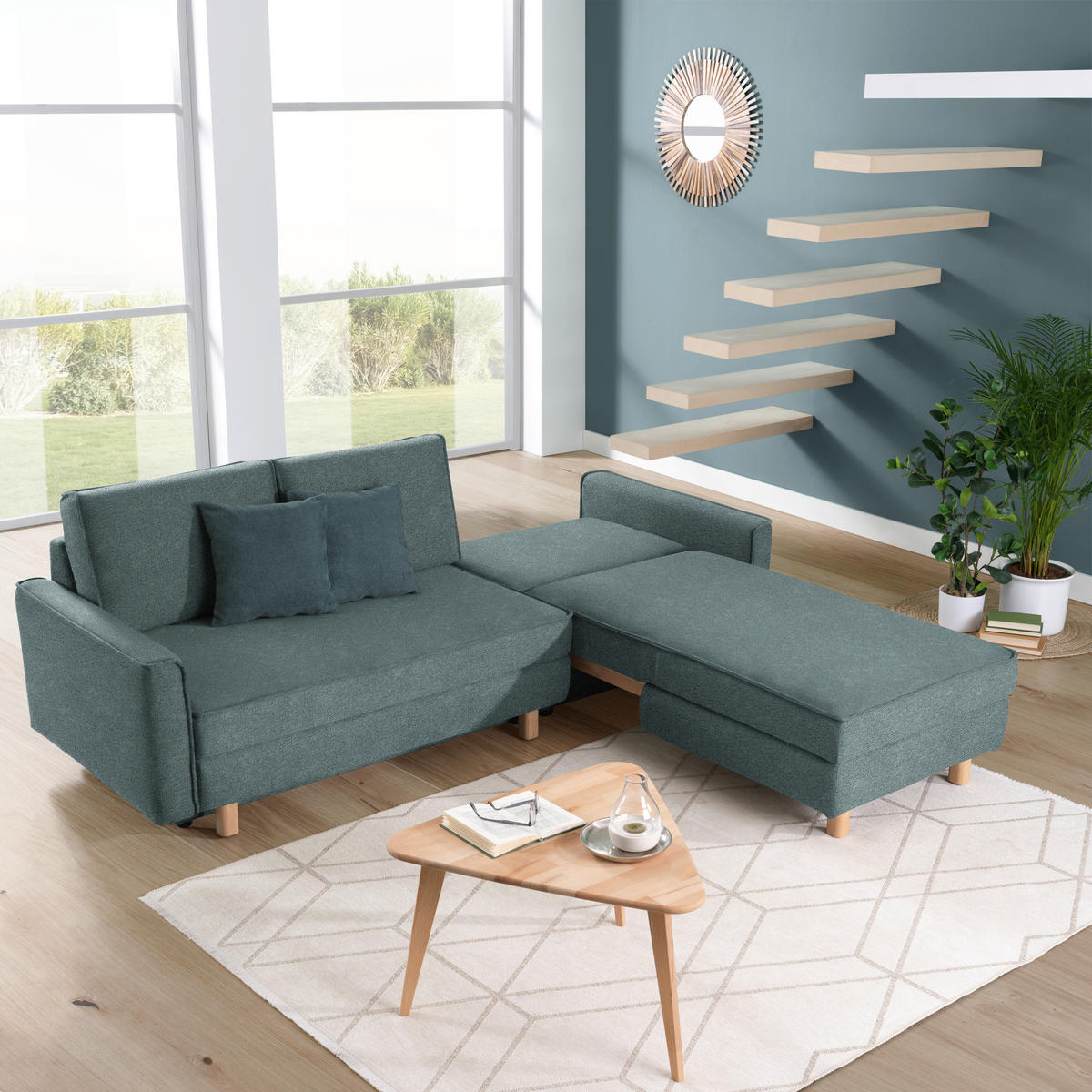 ECKSOFA in Chenille Petrol  237/170 cm  - Eichefarben/Petrol, KONVENTIONELL, Holz/Textil (237/170cm) - Sedda