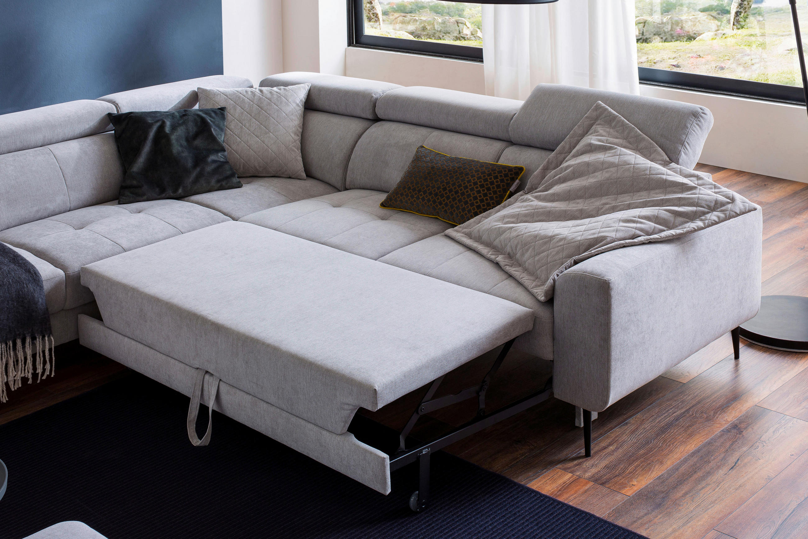 Thumbnail - Hom`in Ecksofa, Grau, Textil, 4-Sitzer, Ottomane links, L-Form, 262x236 cm, Blauer Engel, Goldenes M, Oeko-Tex® Standard...