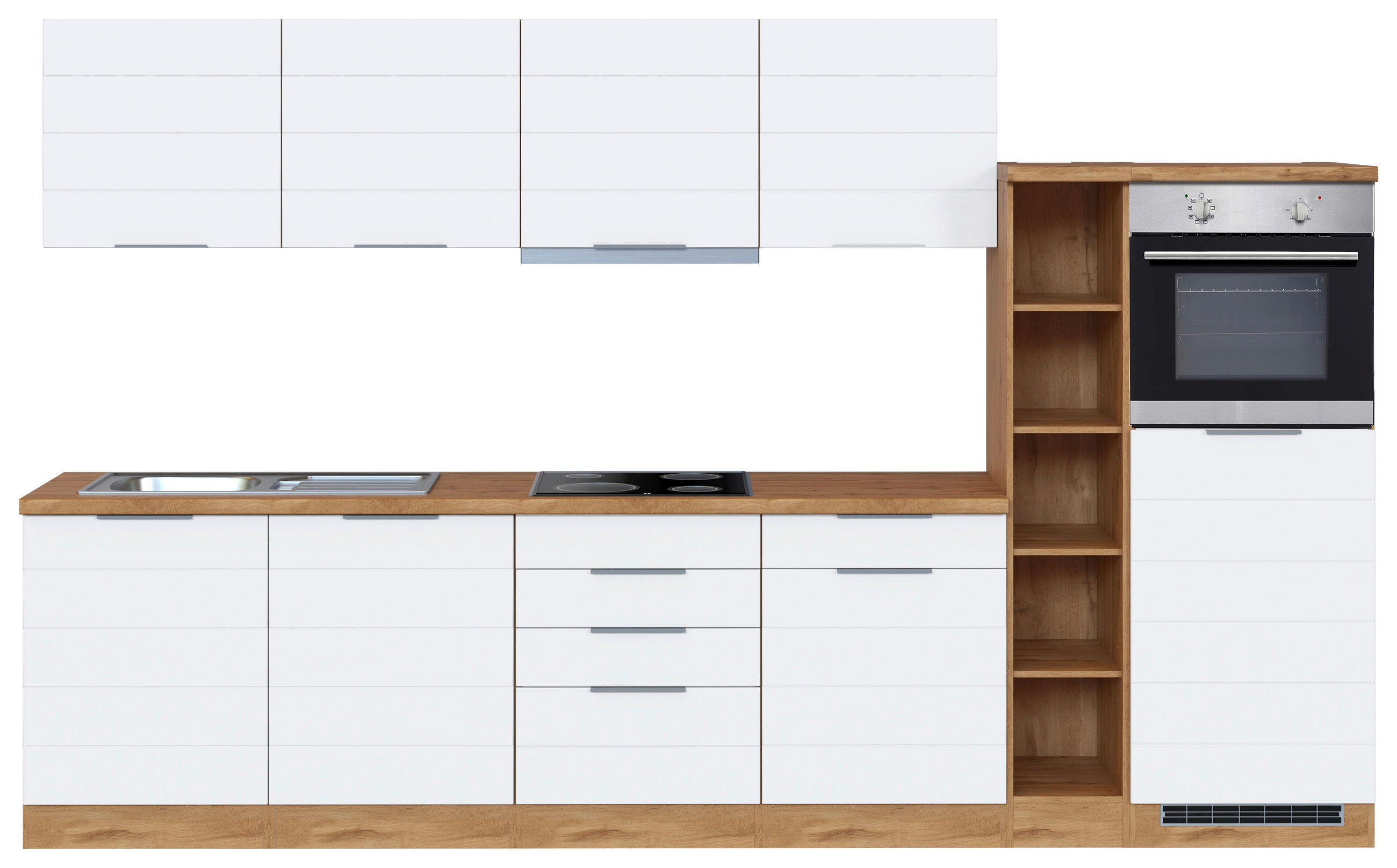 KÜCHENBLOCK 330 cm in Weiß, Eiche Wotan - Eiche Wotan/Weiß, Design, Holzwerkstoff/Metall (330cm) - Held