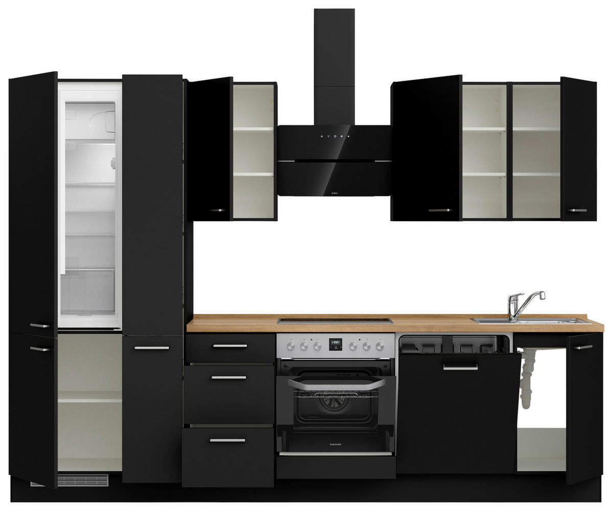 KÜCHENLEERBLOCK 300 cm   in Schwarz, Eichefarben  - Edelstahlfarben/Eichefarben, MODERN, Holzwerkstoff/Metall (300cm) - Nobilia