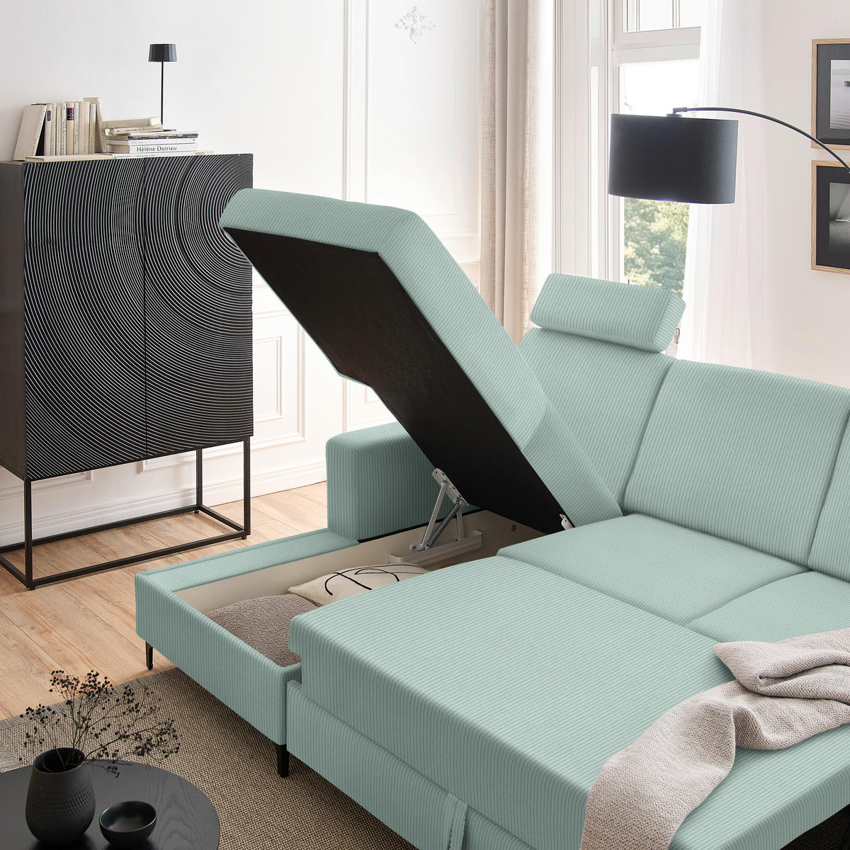 ECKSOFA in Cord Mintgrün  - Schwarz/Mintgrün, Konventionell, Textil/Metall (167/247cm) - Stylife