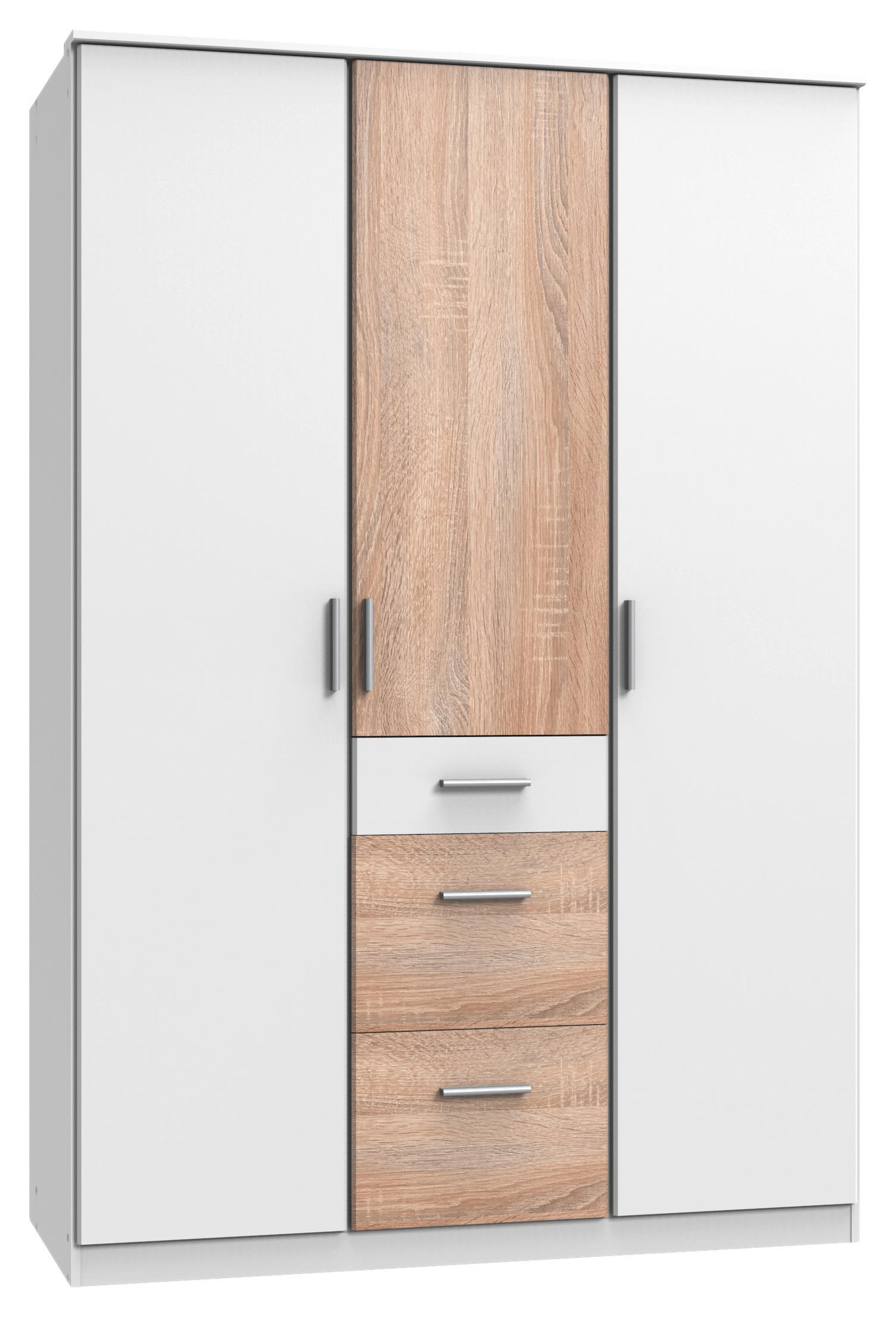 KLEIDERSCHRANK 3-türig Weiß, Eichefarben - Eichefarben/Alufarben, KONVENTIONELL, Holzwerkstoff/Kunststoff (135/199/58cm) - Carryhome
