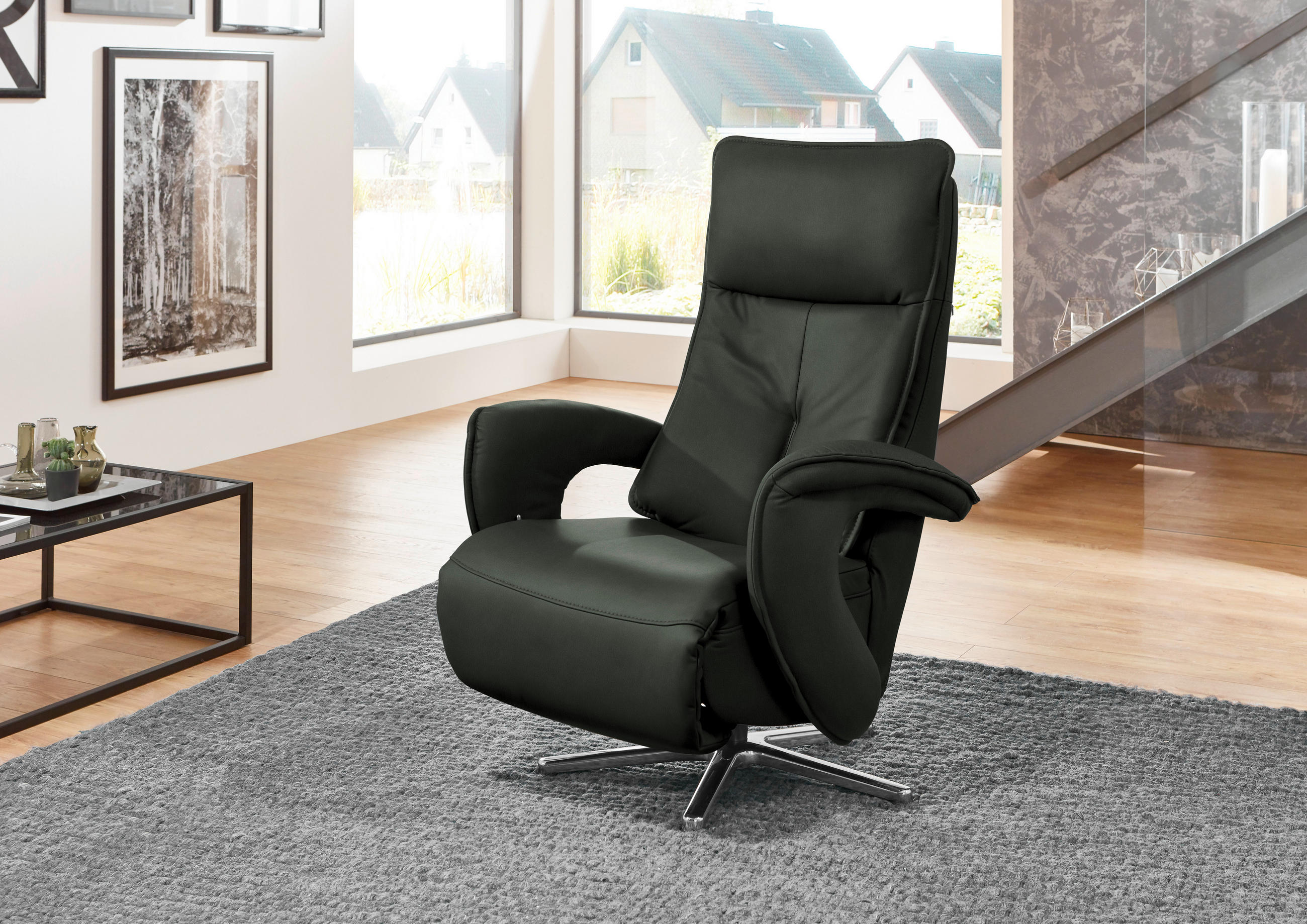 RELAXSESSEL in Leder Dunkelgrün  - Chromfarben/Dunkelgrün, Design, Leder/Metall (77/110/87cm) - Valdera