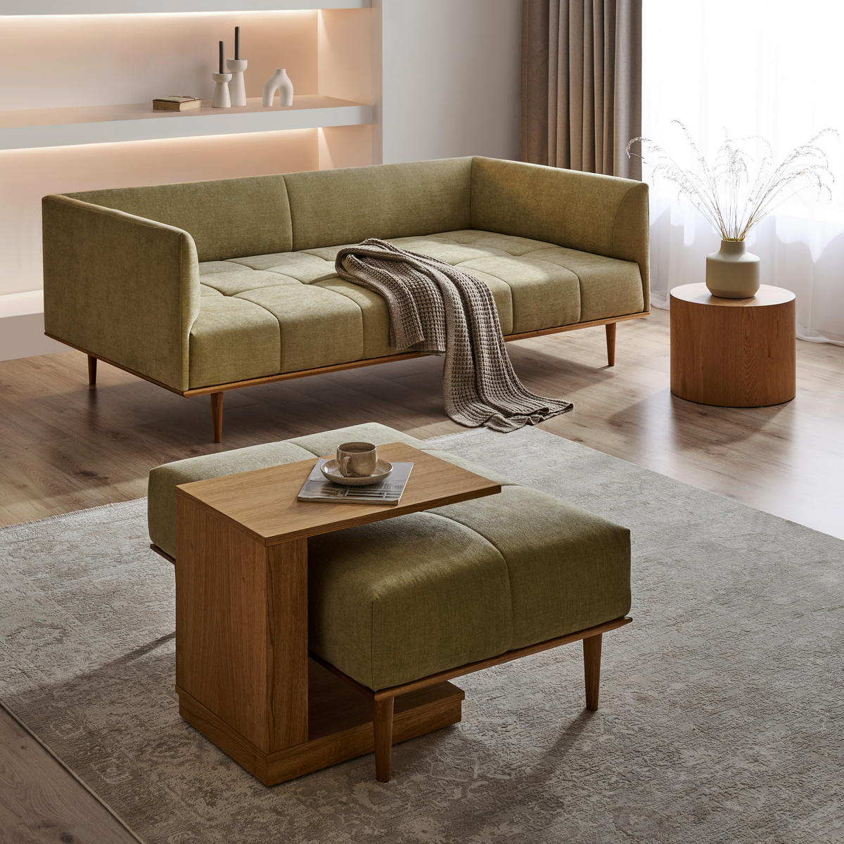 BIGSOFA  in Flachgewebe Grün  - Eichefarben/Grün, Design, Holz/Textil (220/77/120cm) - Joka