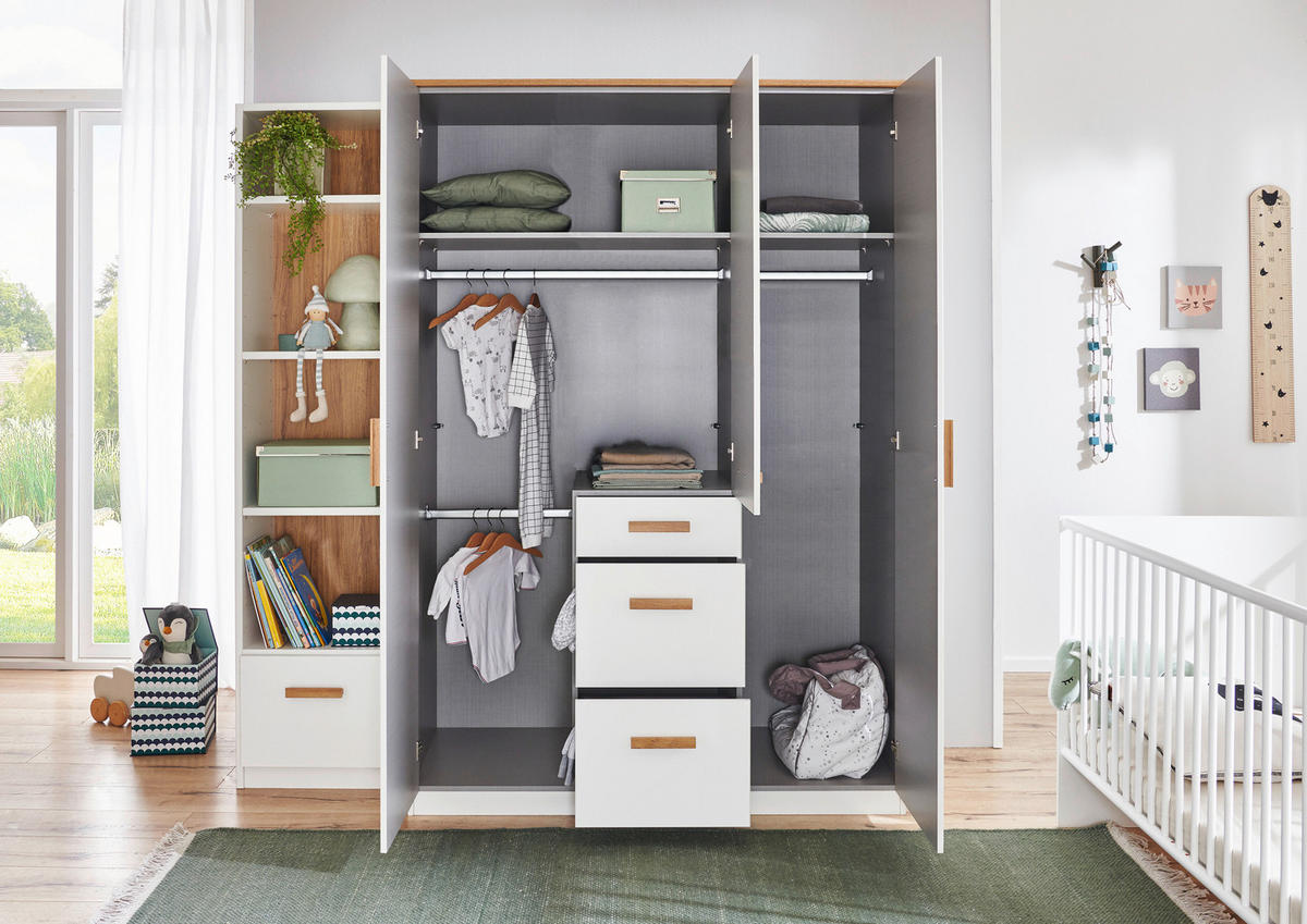 BABYKLEIDERSCHRANK - Weiss/Eichefarben, Modern, Holzwerkstoff (135/199/58cm) - MID.YOU