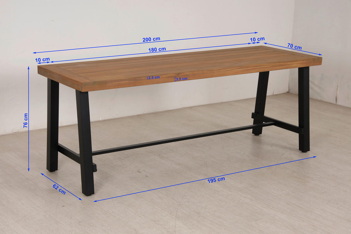 GARTENTISCH 200/70/76 cm Holz, Metall rechteckig  - Schwarz/Akaziefarben, Design, Holz/Metall (200/70/76cm) - Ambia Garden