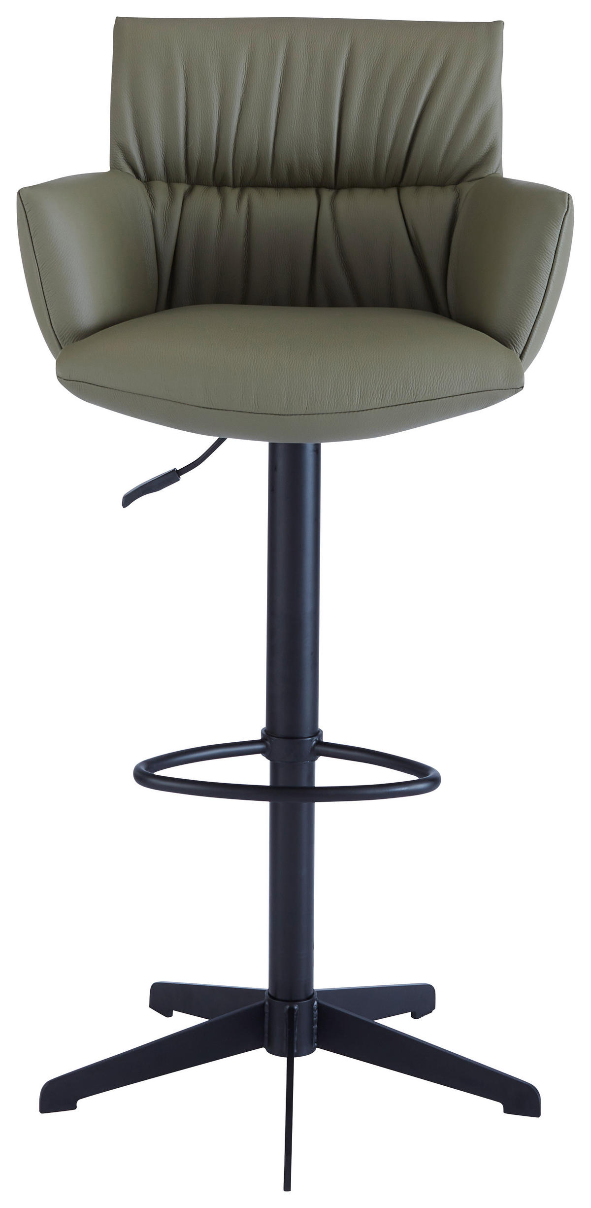 BARHOCKER Echtleder Schwarz, Olivgrün Eisen Lederauswahl, Stoffauswahl, Sitzfläche 360° drehbar, automatische Rückholfunktion  - Schwarz/Olivgrün, Design, Leder/Metall (58/88-112/58cm) - Dieter Knoll