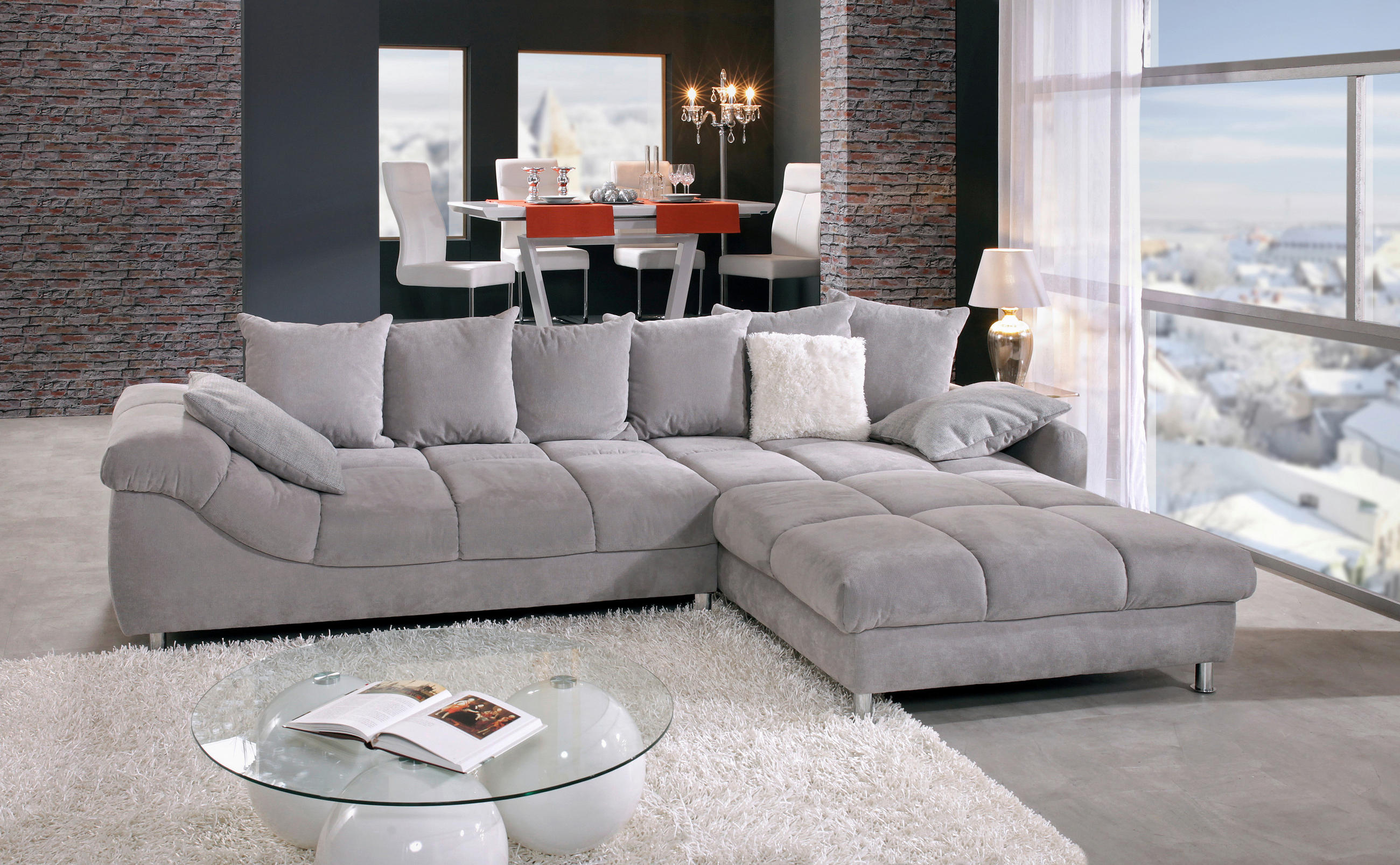 ECKSOFA Grau, Silberfarben Webstoff  - Silberfarben/Grau, Design, Textil/Metall (332/227cm) - Carryhome