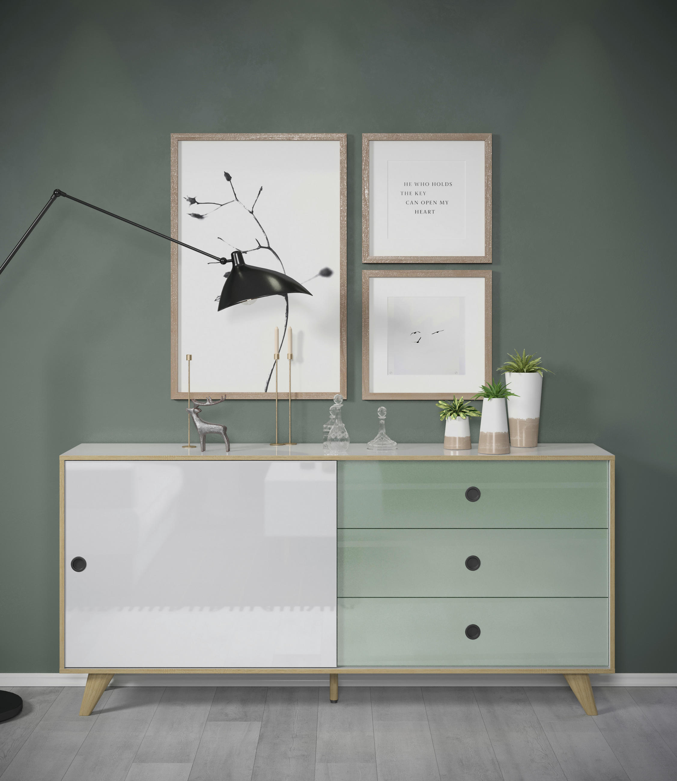 SIDEBOARD  in 180/86/40 cm  - Eichefarben/Weiß Hochglanz, MODERN, Holzwerkstoff/Kunststoff (180/86/40cm) - Boxxx