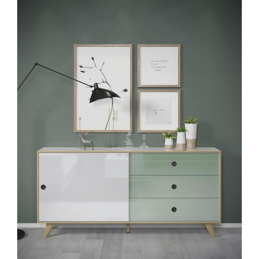 Thumbnail - Boxxx Sideboard, Grün, Eiche, Weiß Hochglanz, Kunststoff, 1 Fächer, 3 Schubladen, 180x86x40 cm, FSC Mix, Beimöbel erhält...