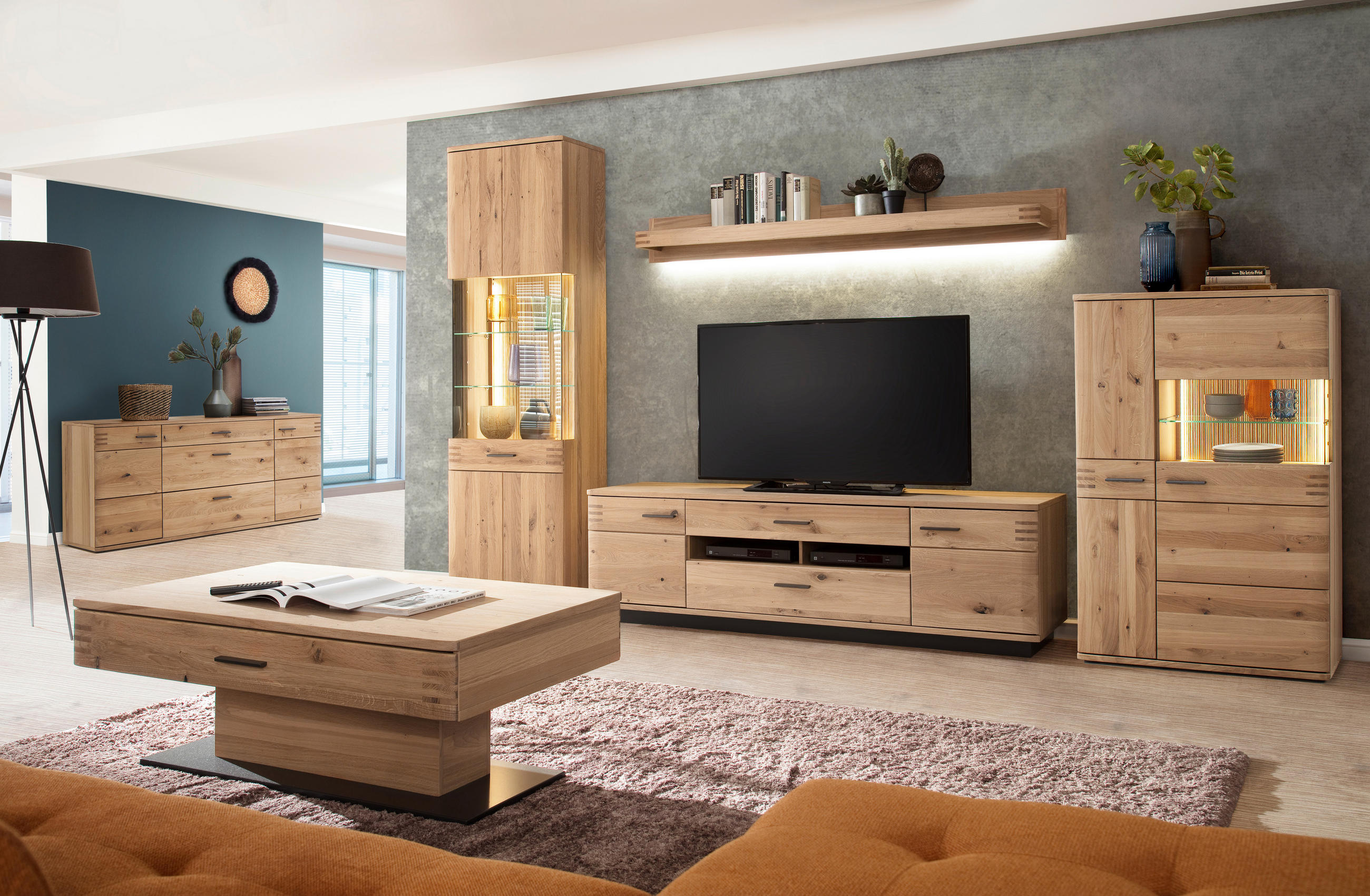 WOHNWAND  in Eichefarben  350/208/50 cm  - Eichefarben/Anthrazit, Design, Glas/Holz (350/208/50cm) - Livetastic