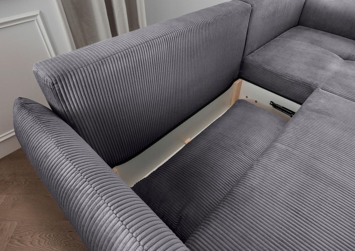 ECKSCHLAFSOFA Cord Grau  - Schwarz/Grau, Basics, Holz/Textil (238/174cm) - Livetastic