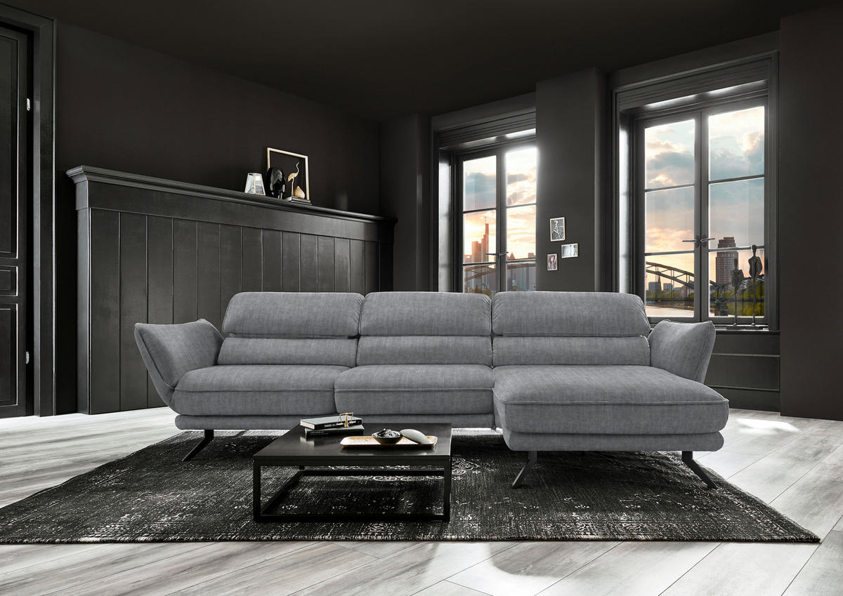ECKSOFA in Velours Silberfarben  - Silberfarben/Schwarz, Design, Textil/Metall (283/153cm) - Valdera