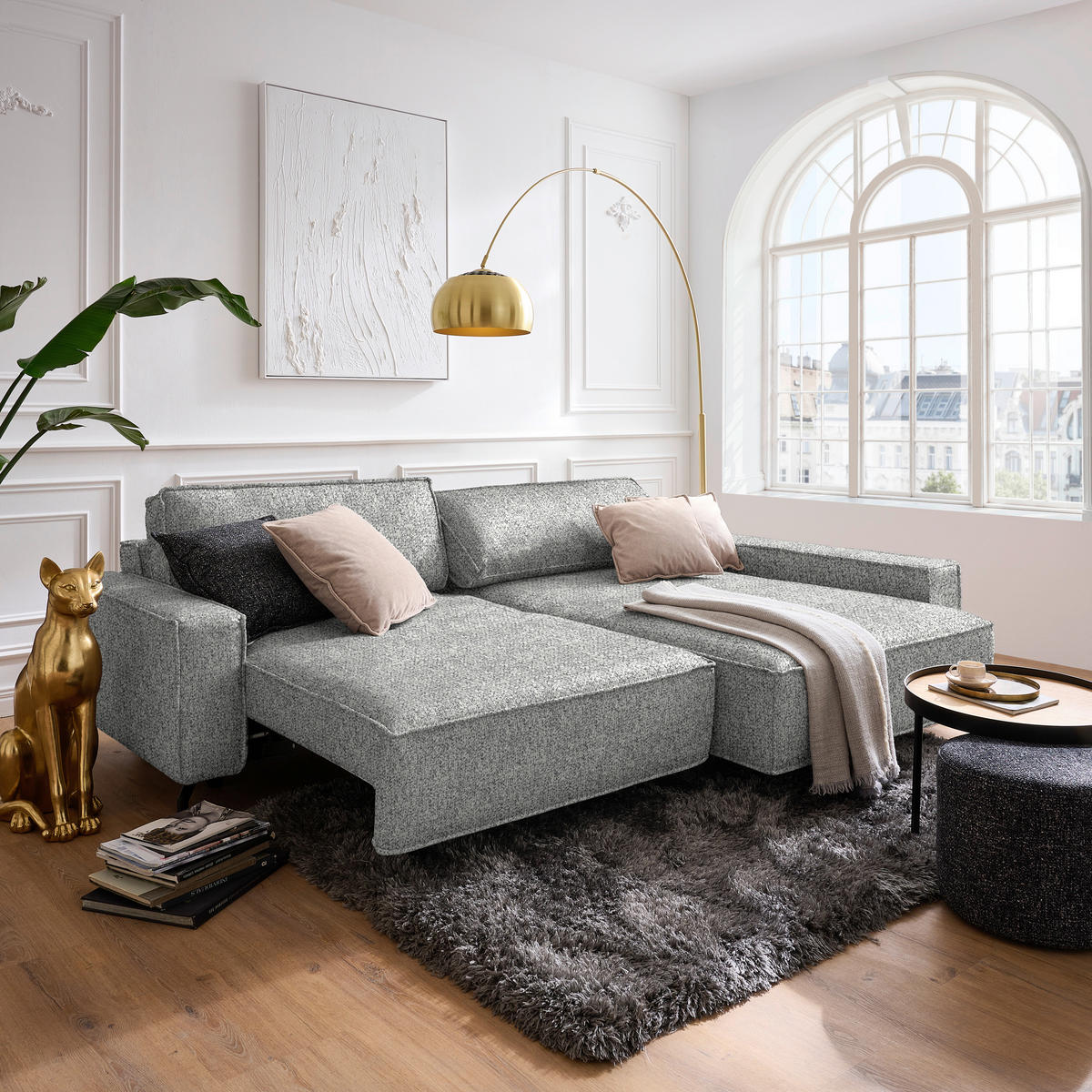 ECKSOFA  in Mikrovelours Naturfarben  246/164 cm  - Schwarz/Naturfarben, Design, Textil (246/164cm) - Sedda