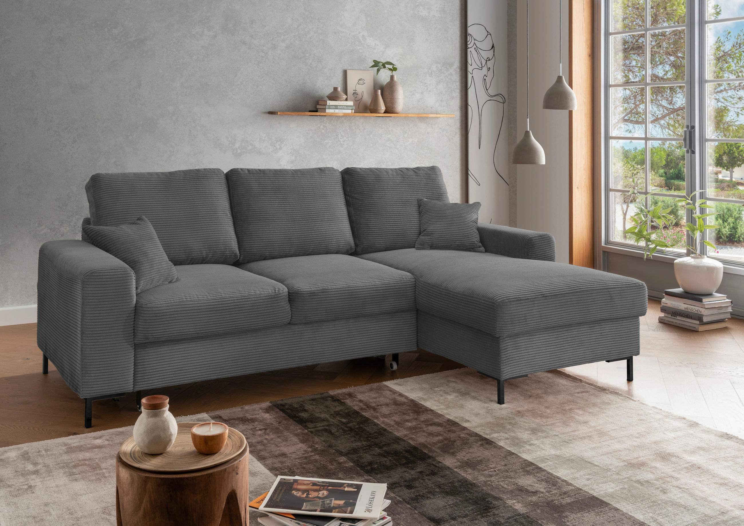 ECKSCHLAFSOFA  mit Liegefunktion, Rücken echt Cord Grau  - Schwarz/Grau, KONVENTIONELL, Textil/Metall (237/143cm) - Livetastic
