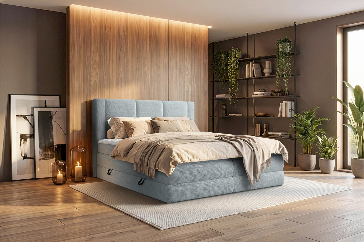 BOXSPRINGBETT 180/200 cm,  in Hellblau, gepolstertes Kopfteil, Bettkasten, Topper, Wendematratze mit unterschiedlichen Härtegraden, H2 + H3 = mittel + fest  - Schwarz/Hellblau, Design, Kunststoff/Textil (180/200cm) - Esposa