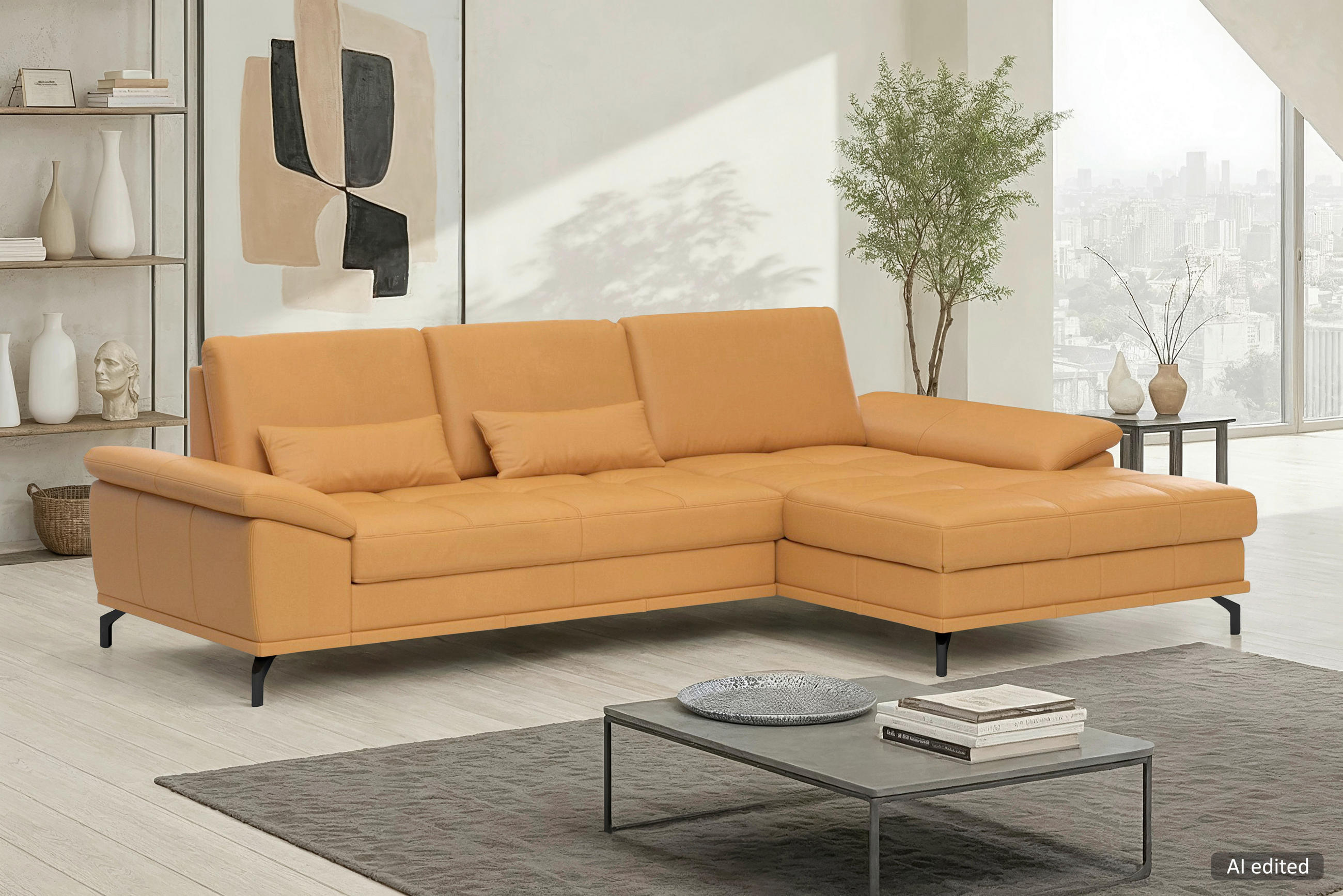 ECKSOFA COSTELLO E Currygelb Echtleder Nierenkissen, Armteilverstellung, Sitztiefenverstellung  - Currygelb/Schwarz, Basics, Leder/Textil (301/176cm) - Sit & More